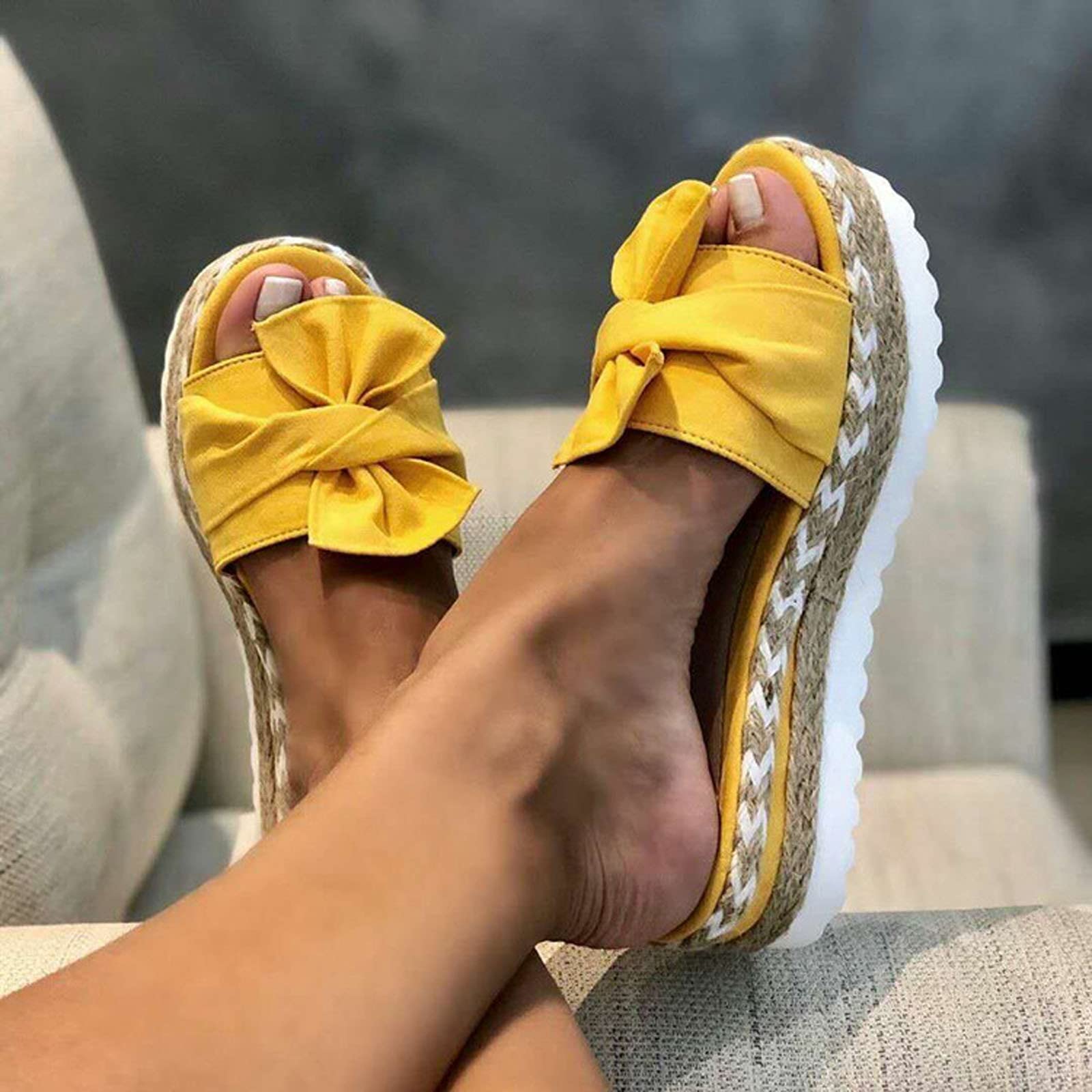 Woman Bow-Knot Platform Slippers, Ladies 2021 New Slip-On Bow Flat Sandals, Bowknot Slip-on Sandals, Women's Bowknot Flat Sandals Slip On Summer Comfy Open Toe Breathable Sandals