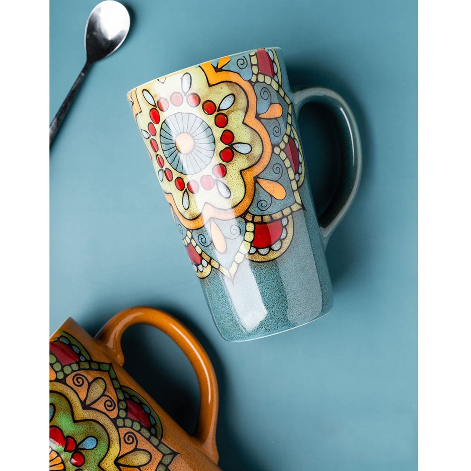 Taza de café, Taza de té, Taza de Estilo étnico, Taza de café Retro Pintada a Mano, Taza Larga Grande, Taza de cerámica de Gran Capacidad (B)