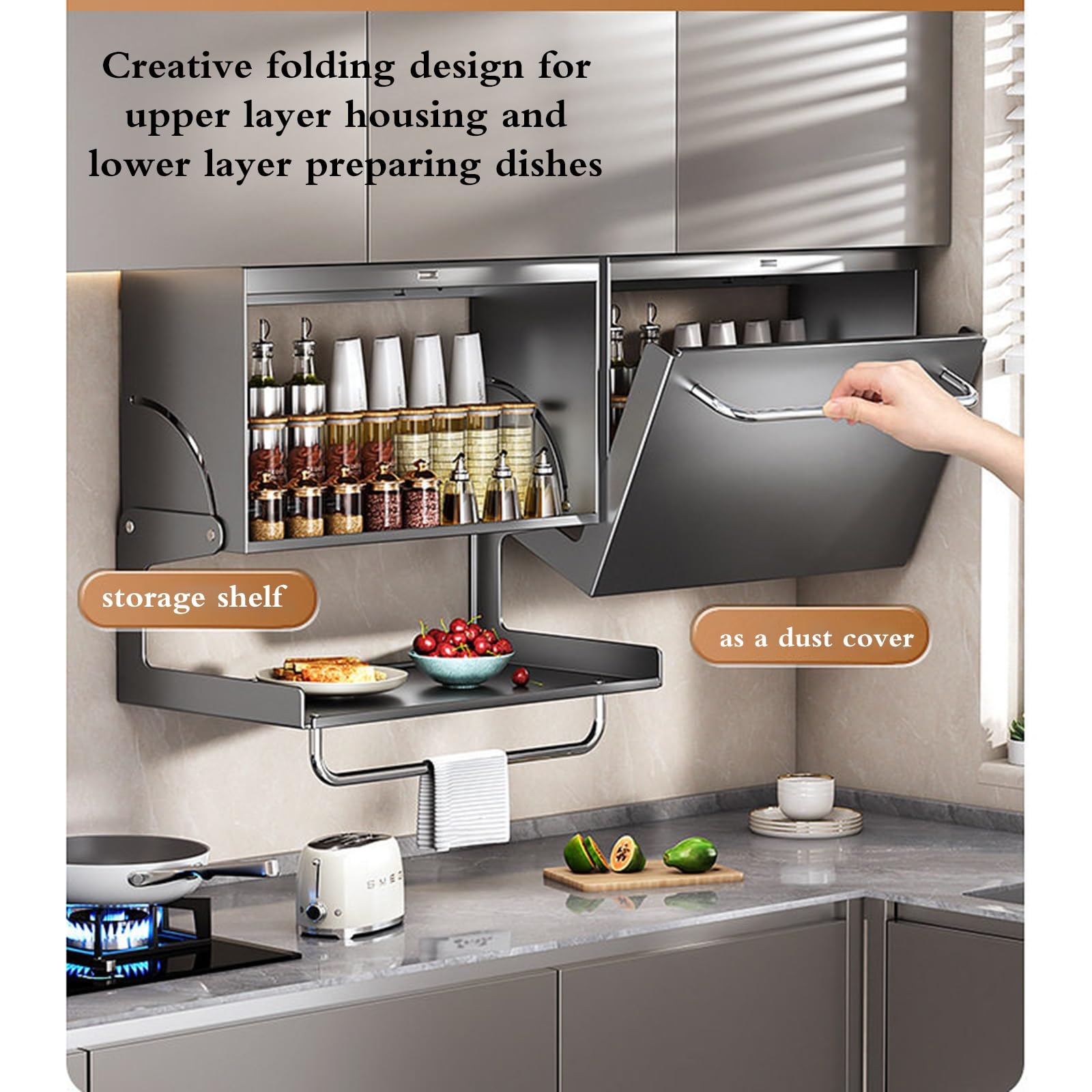 Mobiletto Contenitore Multifunzionale da Parete per Cucina e Bagno, in Acciaio al Carbonio, con Porta spezie e sportello Ribaltabile per la Preparazione di cibi, condimenti e Artic