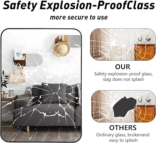 Miniatura 4 de FORBATH Espejo de baño de 30 x 60 pulgadas, espejo de pared rectangular grande, marco de metal negro, espejo de pared de esquina redondeada para