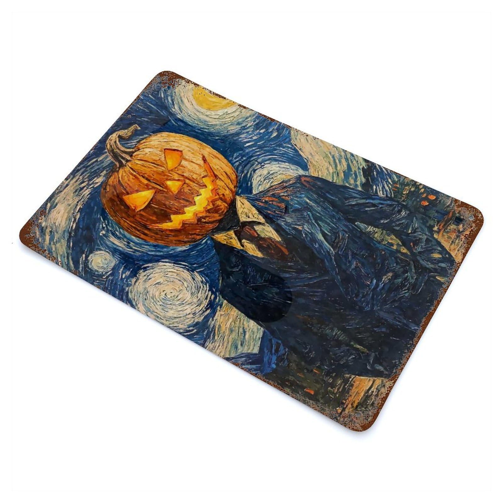 Pumpkin Head in Starry Night Vintage Wall Sign 11.8"x7.9", Rust Effect Metal Decor for Farmhouse, Kitchen And Entryway Decor