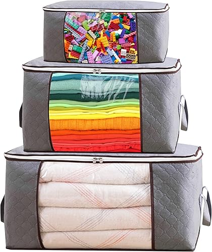 Paquete de 3 bolsas de almacenamiento de ropa plegables para armario con asa reforzada organizadores de armario de tela gruesa transparente y