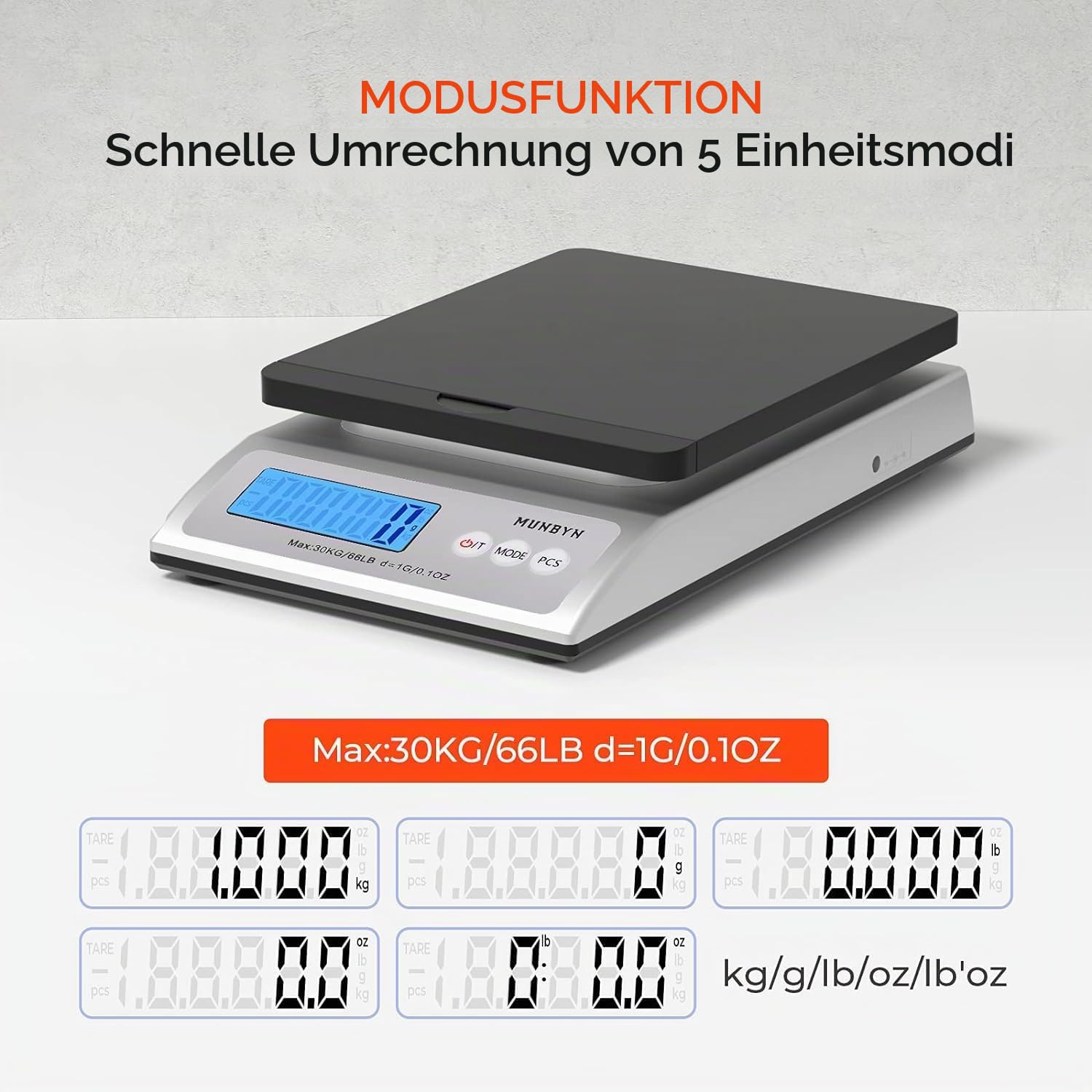 MUNBYN Paketwaage Versand Digitale Postwaage Paketversandwaage 30 kg elektronische Postwaage mit Halte- und Reißfunktion inkl. Maßband AC-Adapter und 1,5 Vx3AAA