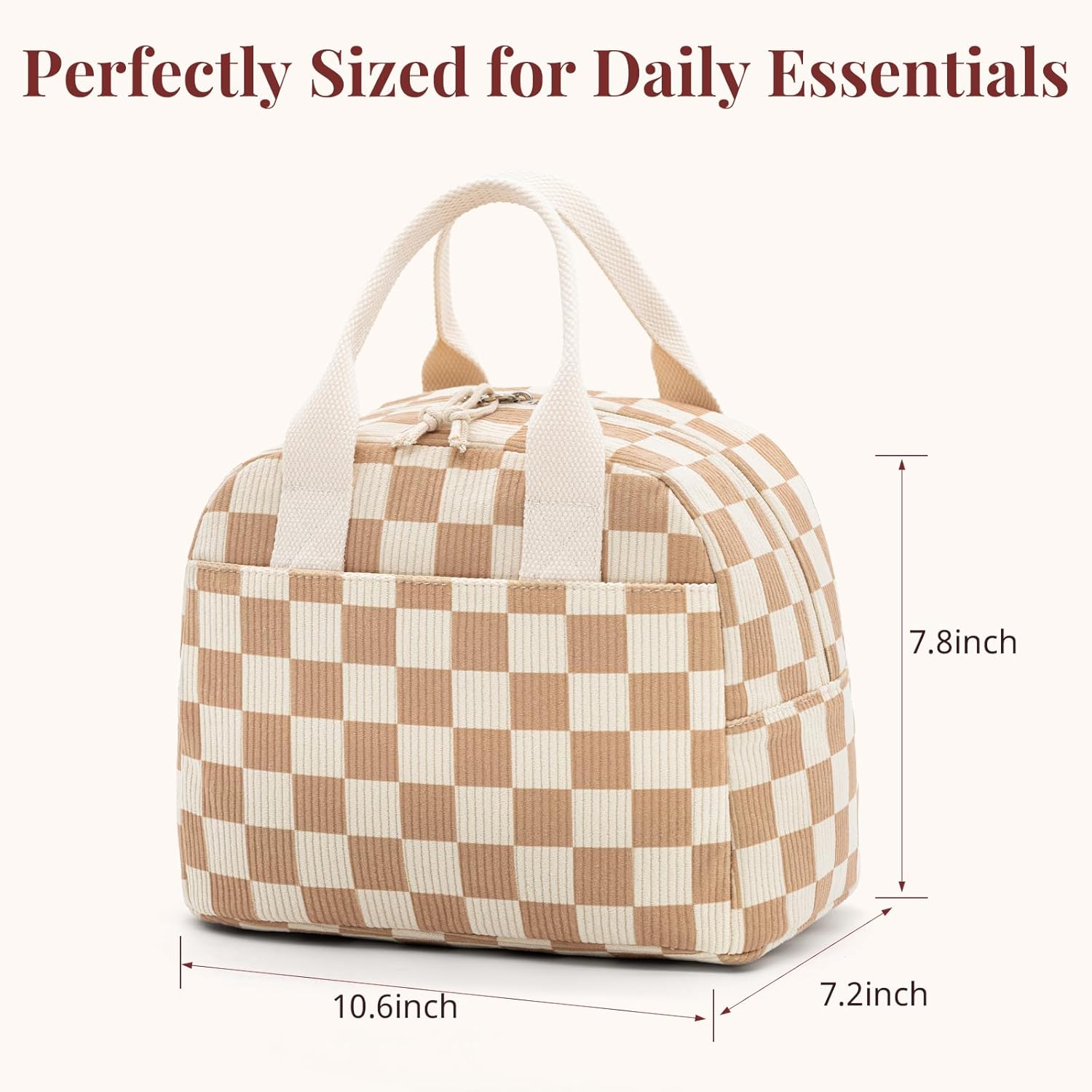 Insulated Brown checkered Lunch Bag for Women, Corduroy Tote with Aluminum Lining, Large Capacity Reusable Cooler for Work, Travel, Beach or Picnic, Checkered Water-Resistant Lunch Box - Image 3