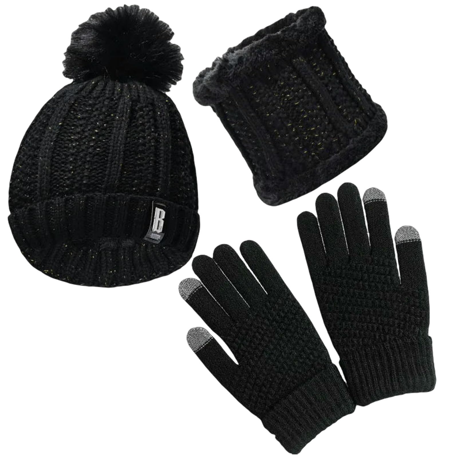 Mütze,Schal & Handschuh-Sets 3-teiliger Schal, Handschuhe, Warmes Und Winddichtes Dreiteiliges Set Für Herbst Winter, Warmer, Flauschiger Mütze schwarz