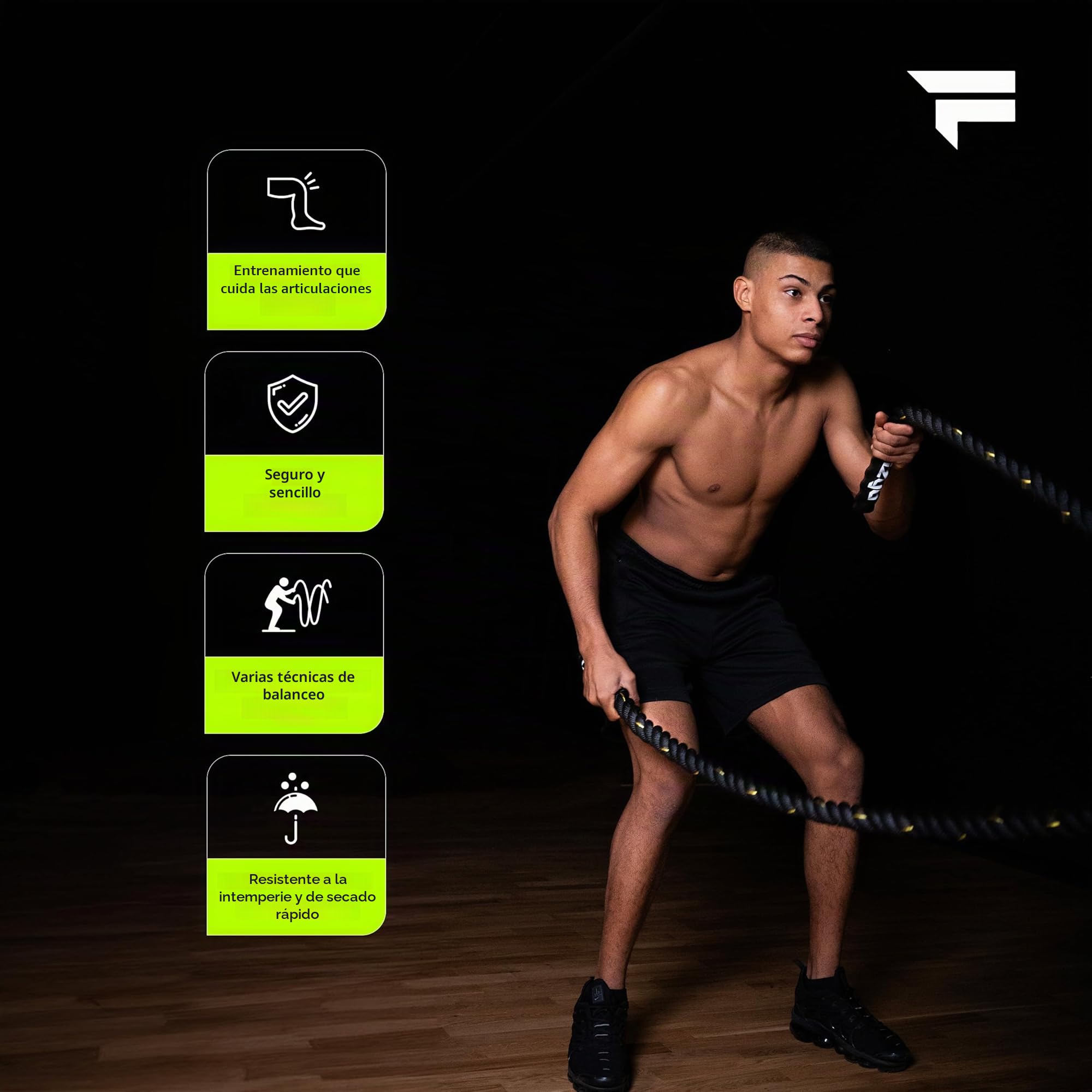 FIZYO Battle Rope – Cuerda de Entrenamiento Robusta para Functional Training, Cross Training, Fuerza y Resistencia – Diámetro 3,8 cm, Construcción de 3 Hebras – Home Gym y Exterior (9m)