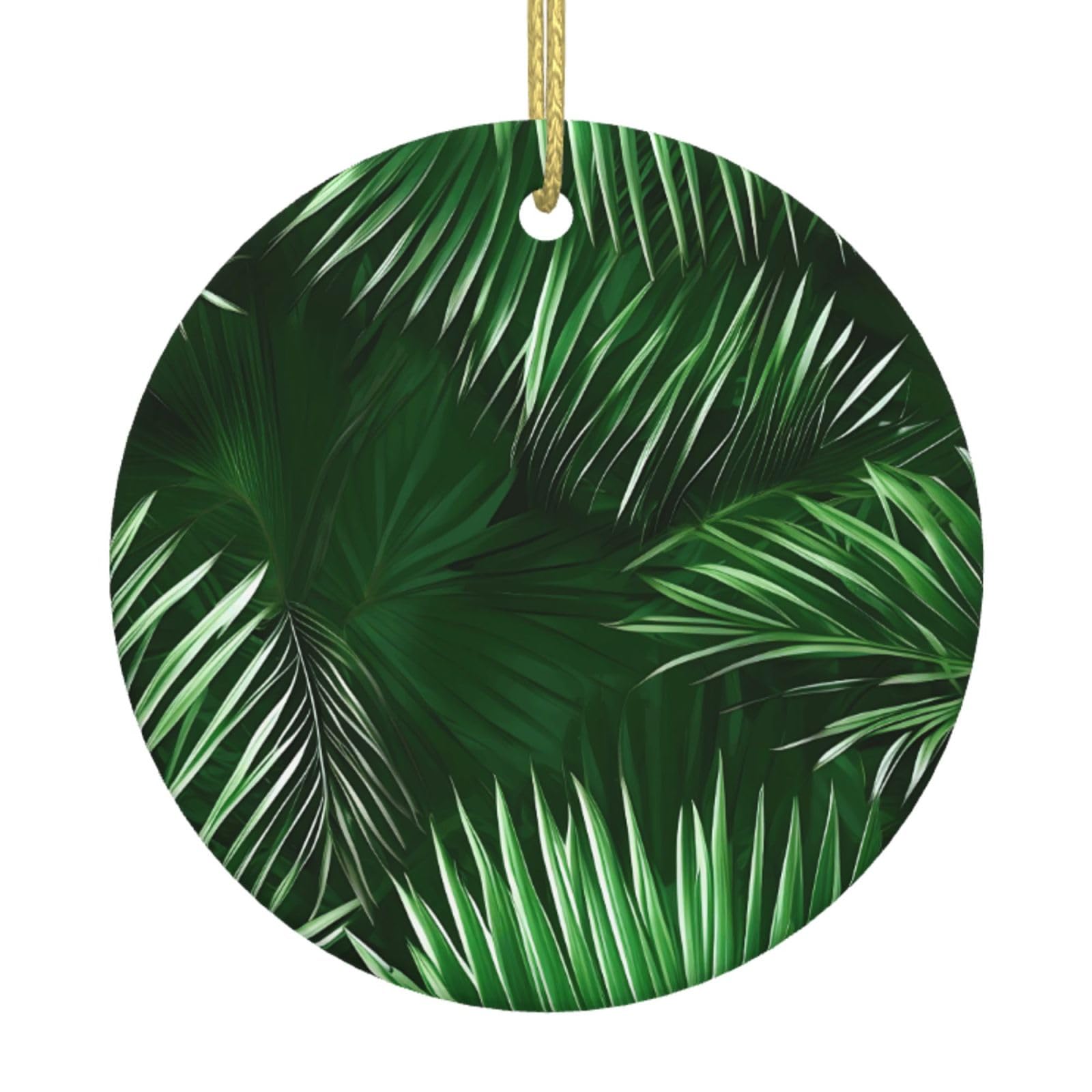 Green Leaves Of Palm Tree Tropical Plants Print Christmas Ornaments, Ceramic Hanging Ornament, Round Shape Decorations