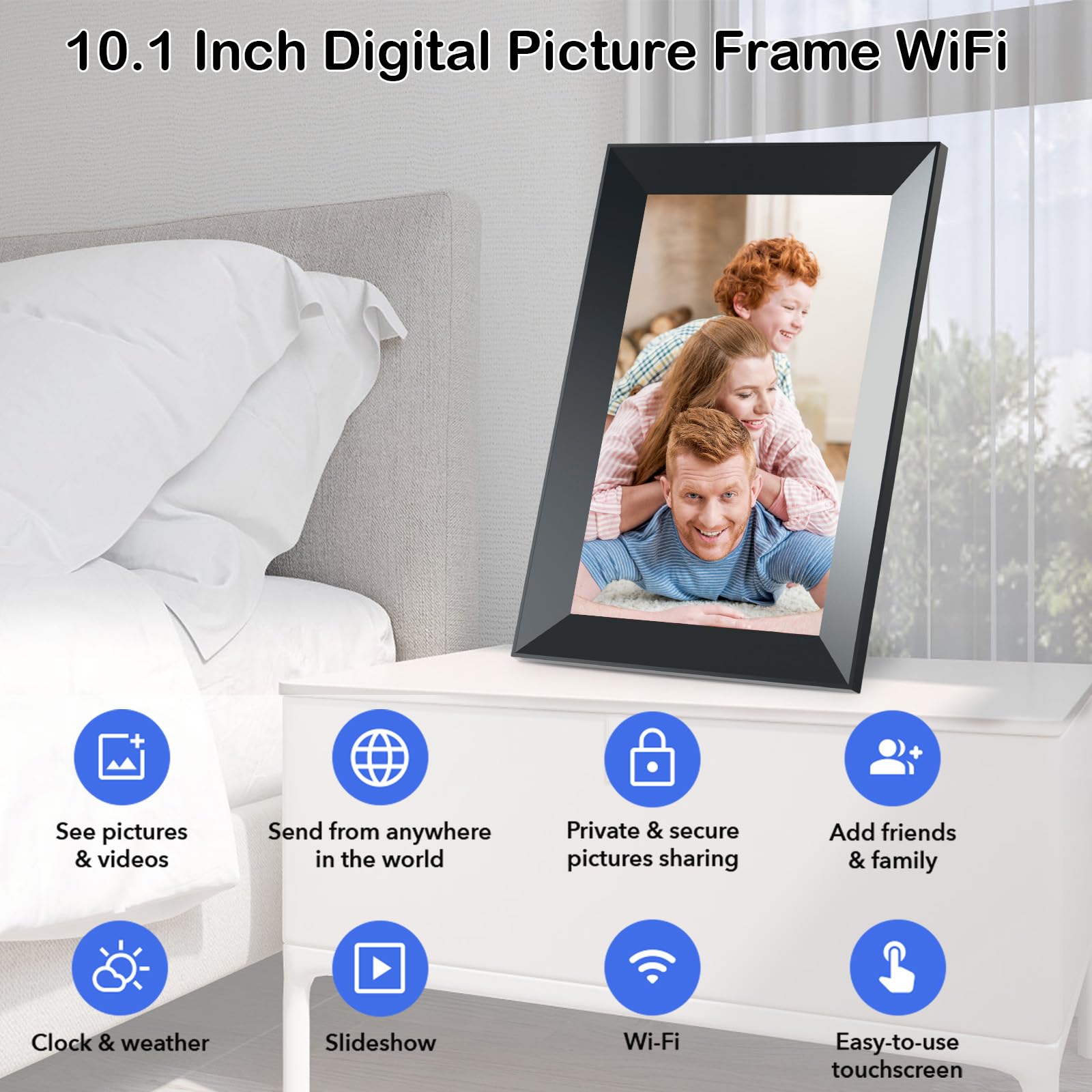 Cadre Photo Numérique WiFi 10,1 Pouces - Écran Tactile IPS 1280x800, 32 Go, Rotation Automatique