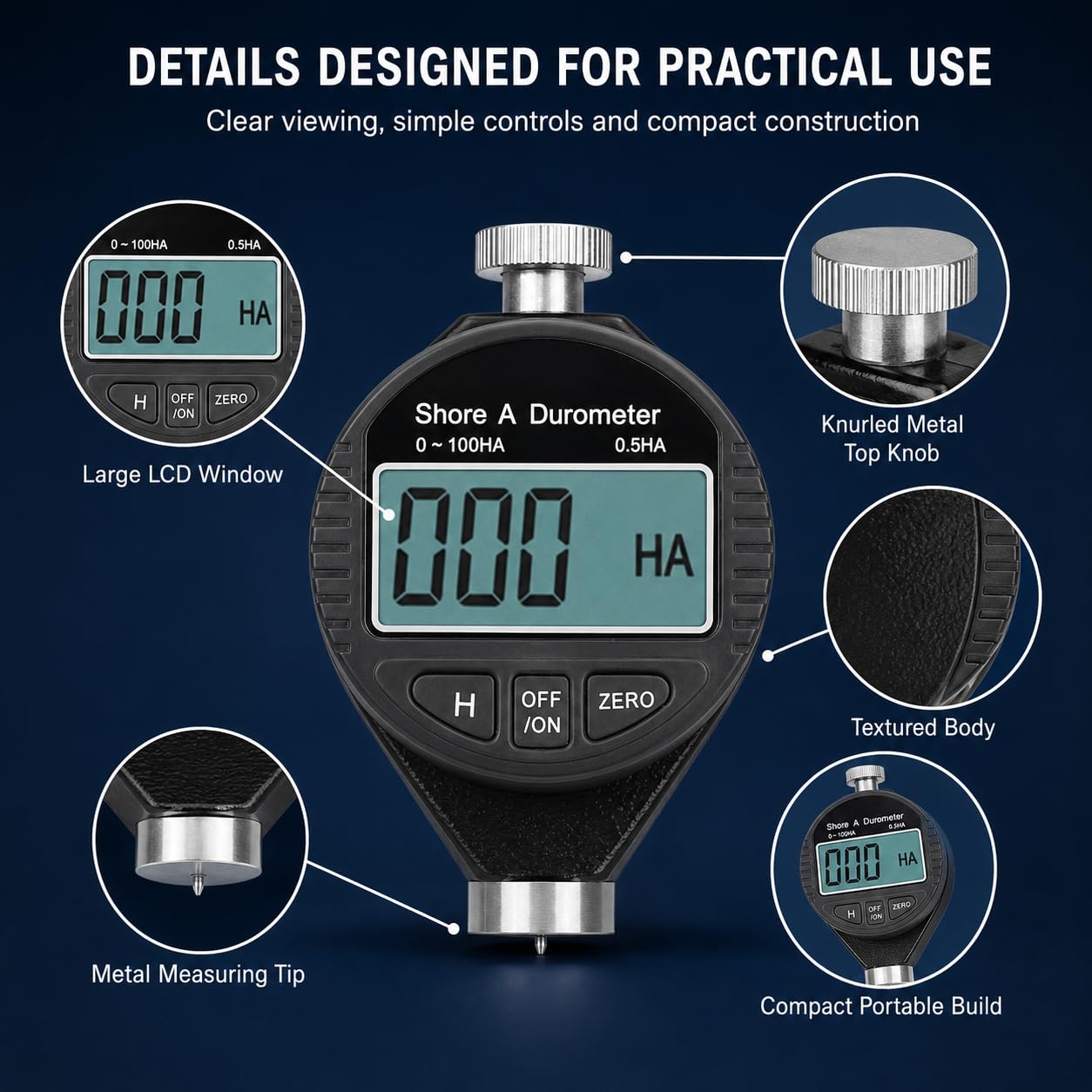 Durometre Shore A, 0-100 HA Testeur de Dureté Numérique Portable | Duromètre Numérique en Caoutchouc avec Écran LCD, Hold et Zéro, pour Caoutchouc, Silicone, Pneus et Plastique Souple