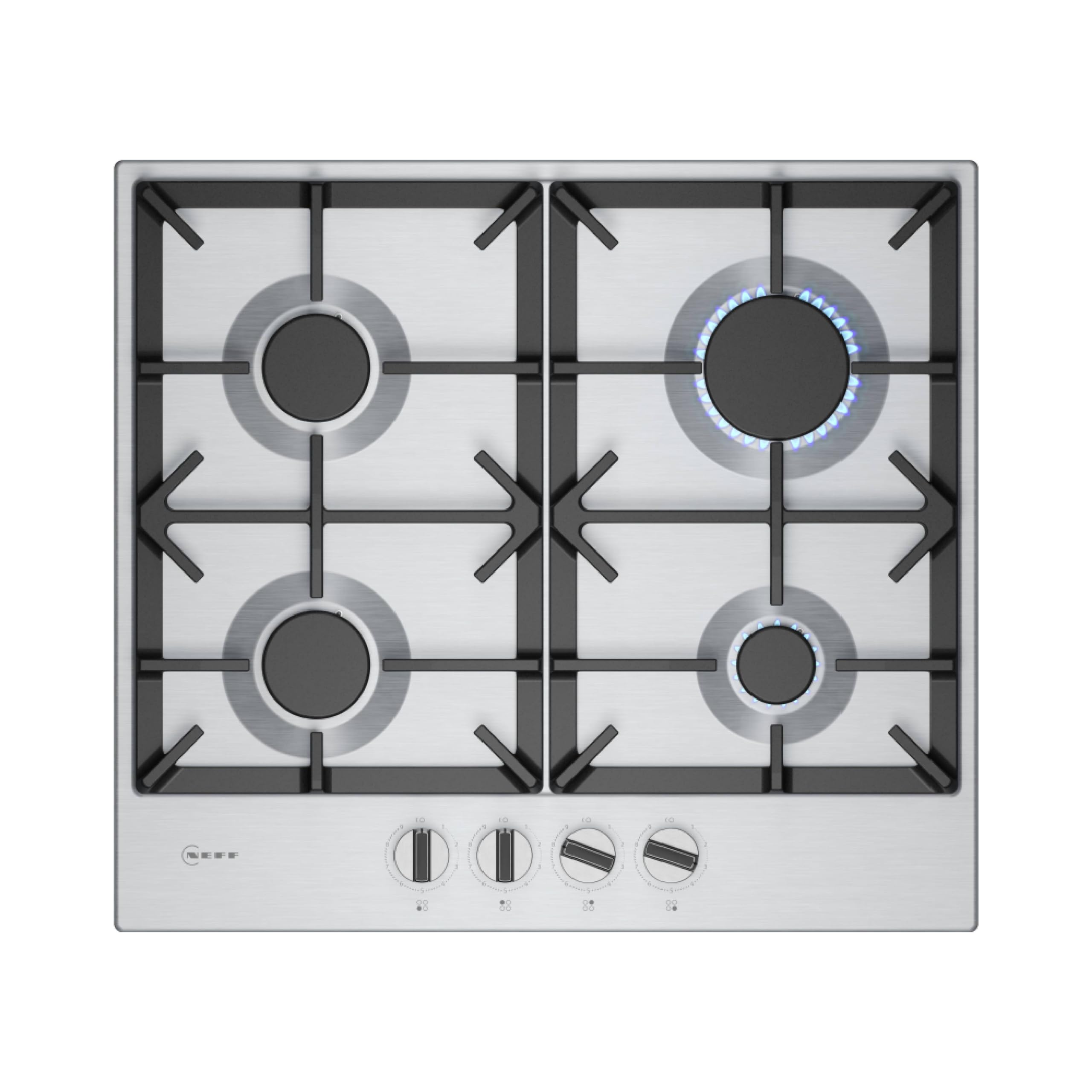 NEFF T26CIP8N0, N 70, Gaskochfeld, 60 cm, FlameSelect, Metallknebel, Gusseisen-Topfträger, Gas-Sicherheitsabschaltung, Biomethan breit, Edelstahl