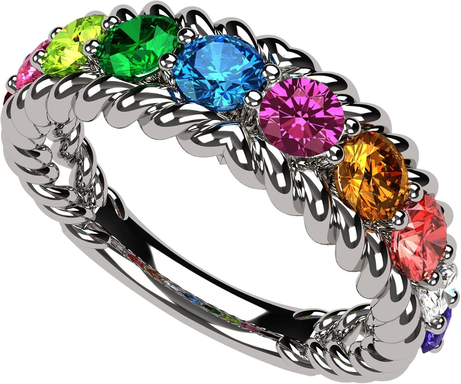 Central Diamond Center Rope Mothers Birthstone Ring with 1 to 10 Simulated Birthstones, Sterling Silver, 10K or 14K Gold