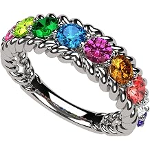 Central Diamond Center Rope Mothers Birthstone Ring with 1 to 10 Simulated Birthstones, Sterling Silver, 10K or 14K Gold