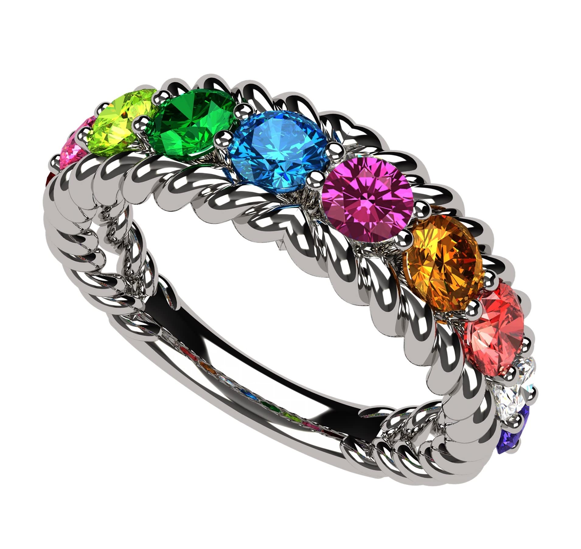 Central Diamond Center Rope Mothers Birthstone Ring with 1 to 10 Simulated Birthstones, Sterling Silver, 10K or 14K Gold