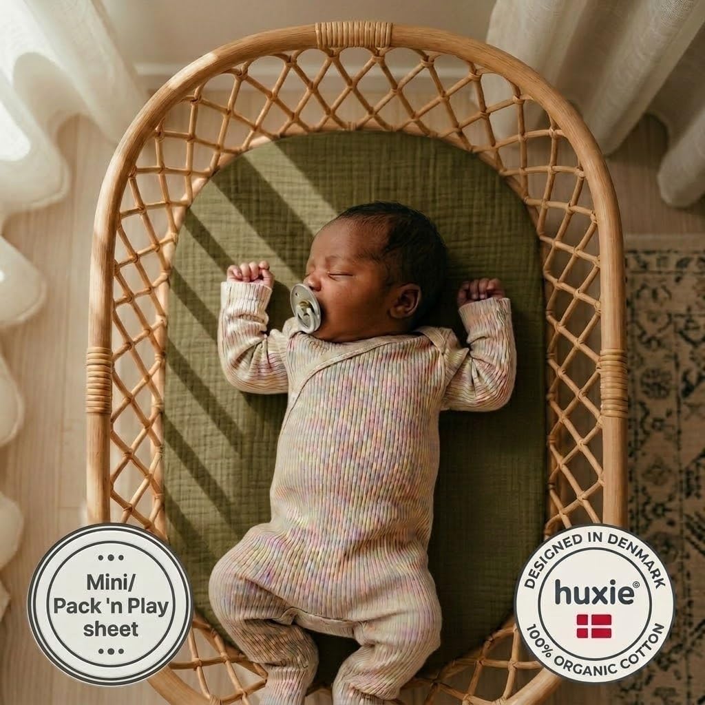 Mini-Bettlaken für Kinderbett, Bio-Baumwoll-Musselin, 61 x 96,5 cm, für Kinderbett zum Packen und Spielen, ultraweich und atmungsaktiv, für Jungen und Mädchen, 2 Stück, Blush/Salbeigrün