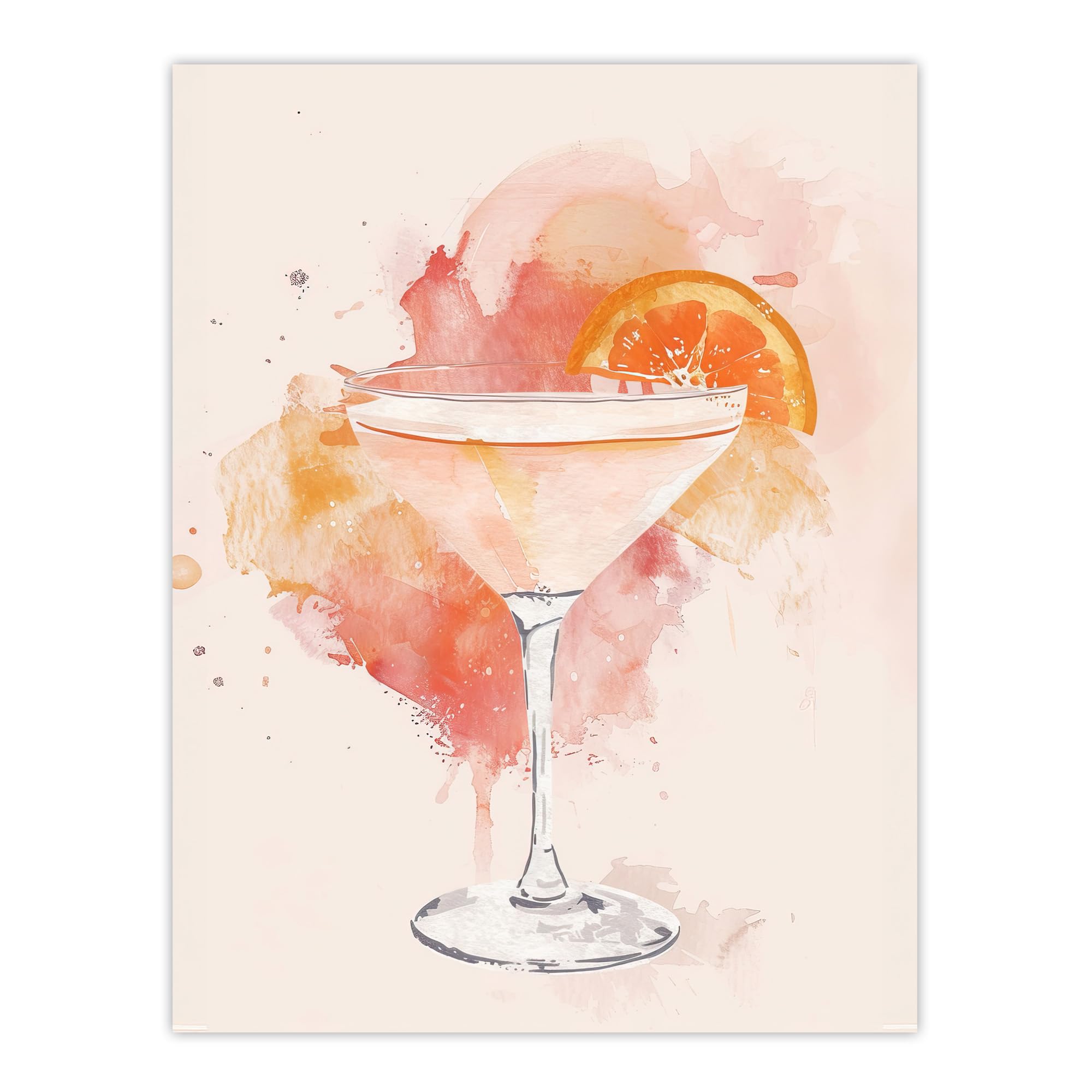 Artery8 Sidecar Cocktail Pastel Pink Orange Watercolour Wall Art Print - W24 inch x H32 inch