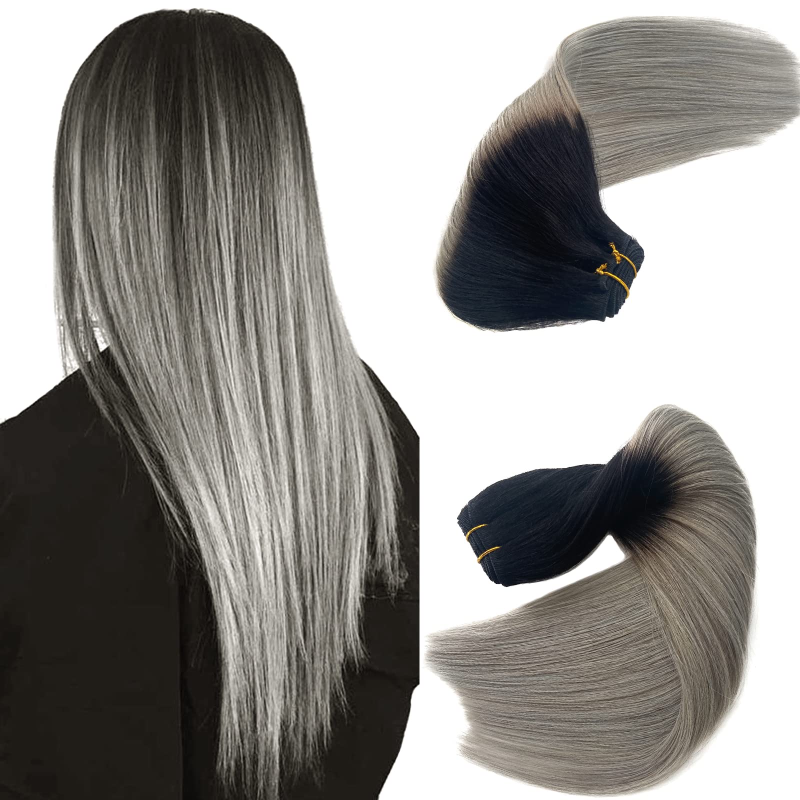 Sew in Hair Extensions Real Human Hair,Ombre Silver Weft Hair Extensions Human Hair Bundles 20 Inch 100G Hand Tied Weft Hair Extensions Human Hair Sew in Weft Hair Extensions for Women