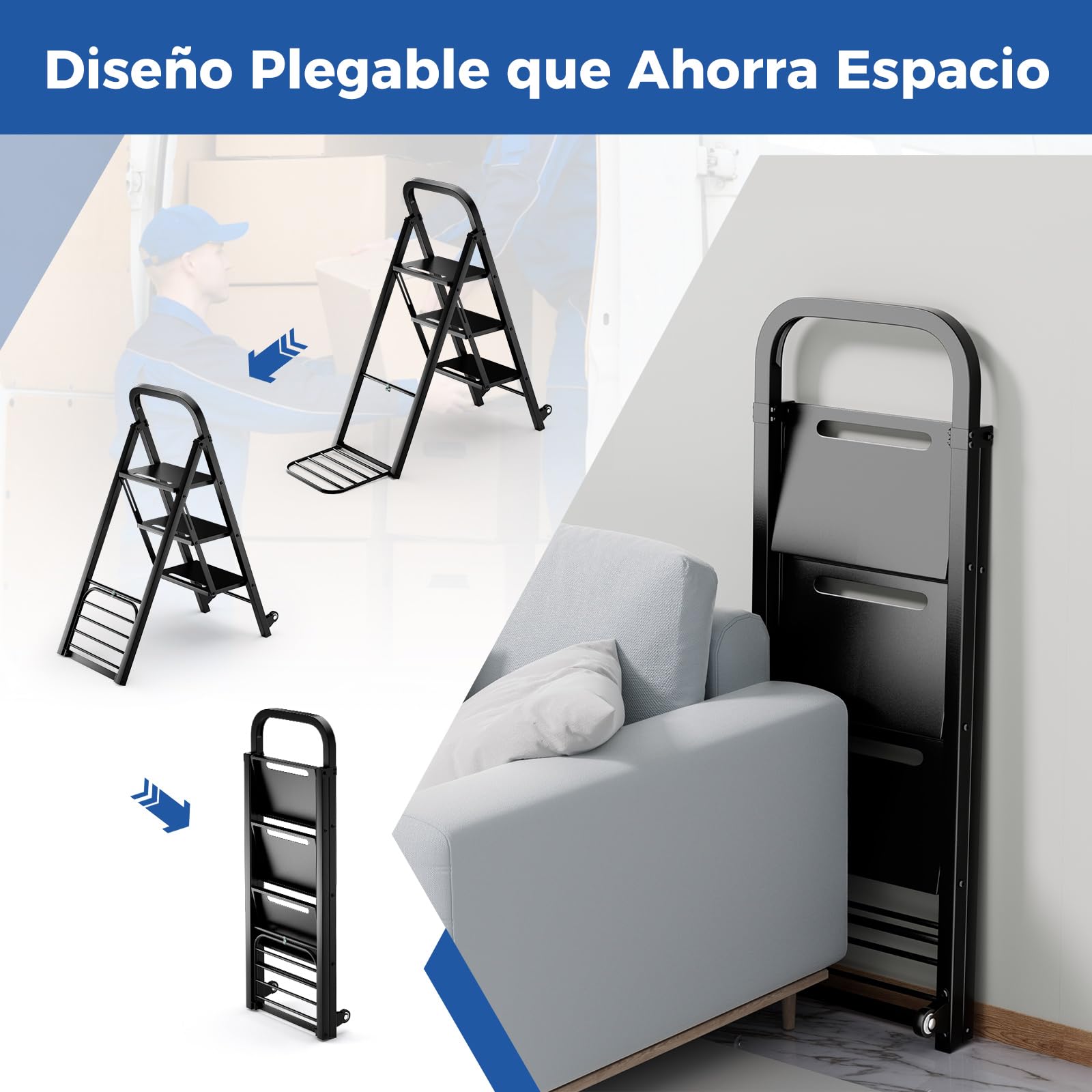 COSTWAY 2 en 1 Carretilla Plegable, Combinación de Carretilla de Mano & Escalera de 3 Peldaños, con 2 Ruedas y Bastidor Metálico Resistente, Carretilla Carga Máx 250 kg, Escalera Carga Máx 200 kg