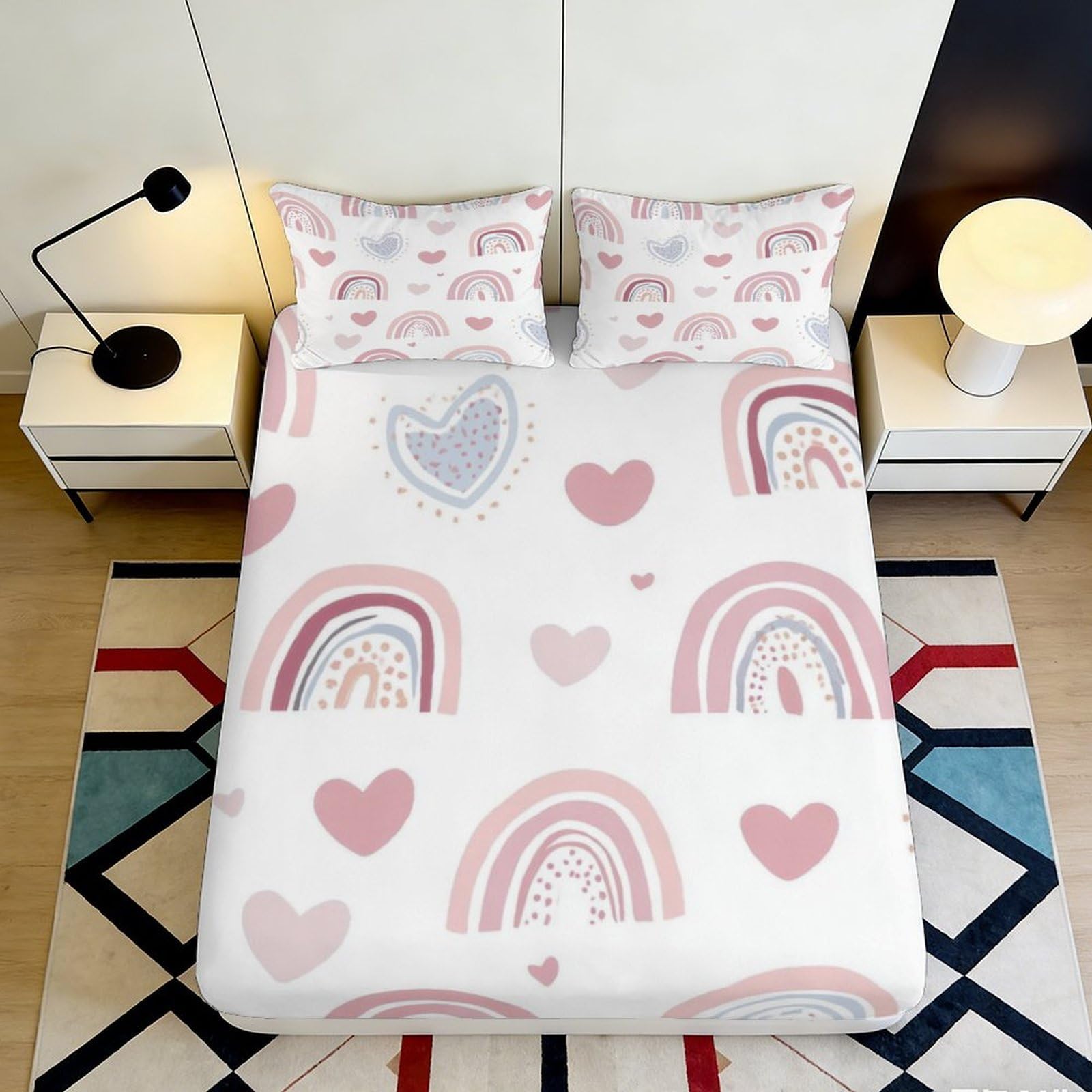 Pnayamiorkfel Style-3 3D Printed Pink Rainbow Fitted Sheet Microfiber Soft Heart Pattern Mattress Cover For Bedroom Dorm Easy Care Decor 90X200x25cm