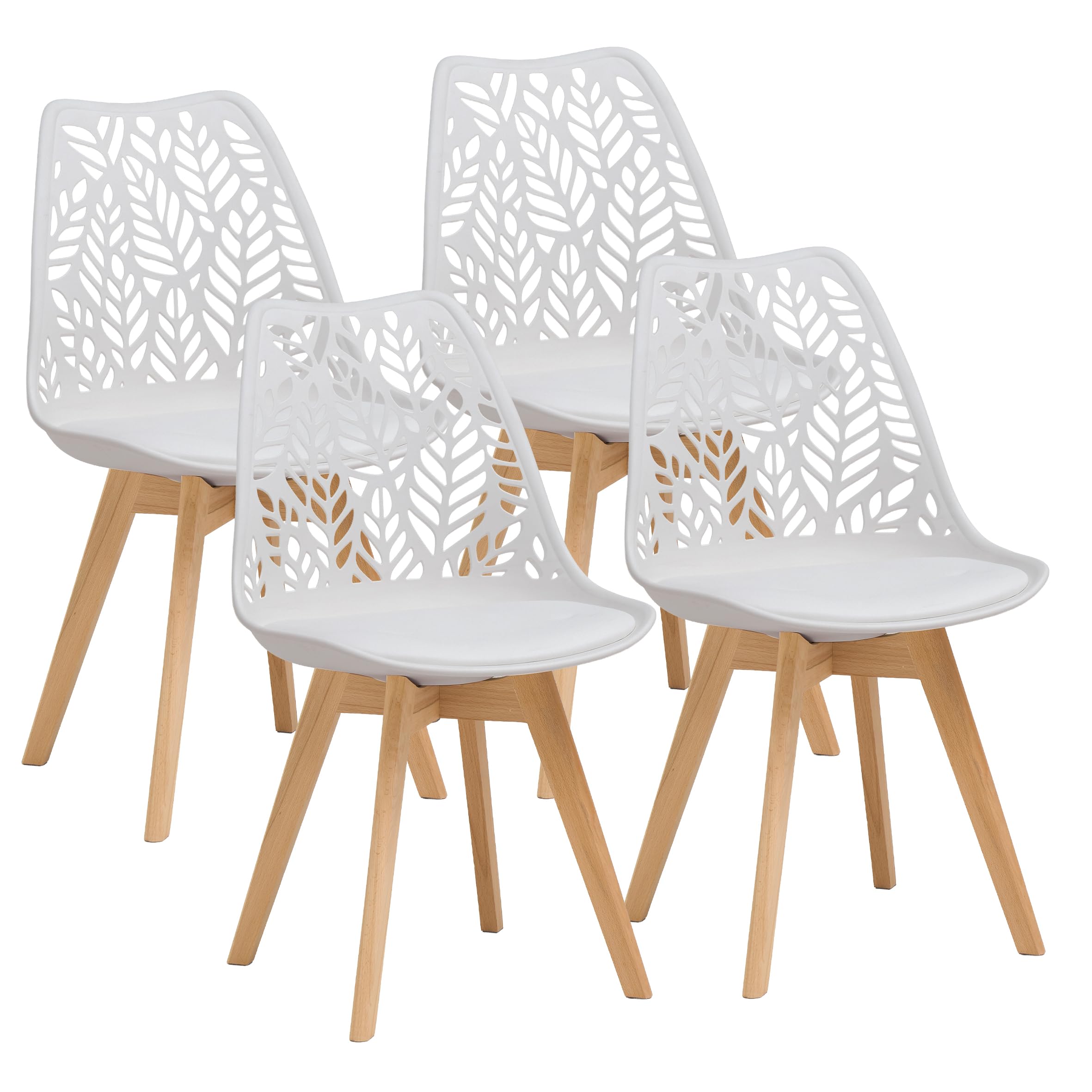 GrandCA HOME Juego de 4 sillas de Comedor de Estilo nórdico, Silla de Cocina tapizada, Silla de salón, Patas de Madera de Haya, Respaldo Calado, para Cocina, salón y Comedor - Blanco