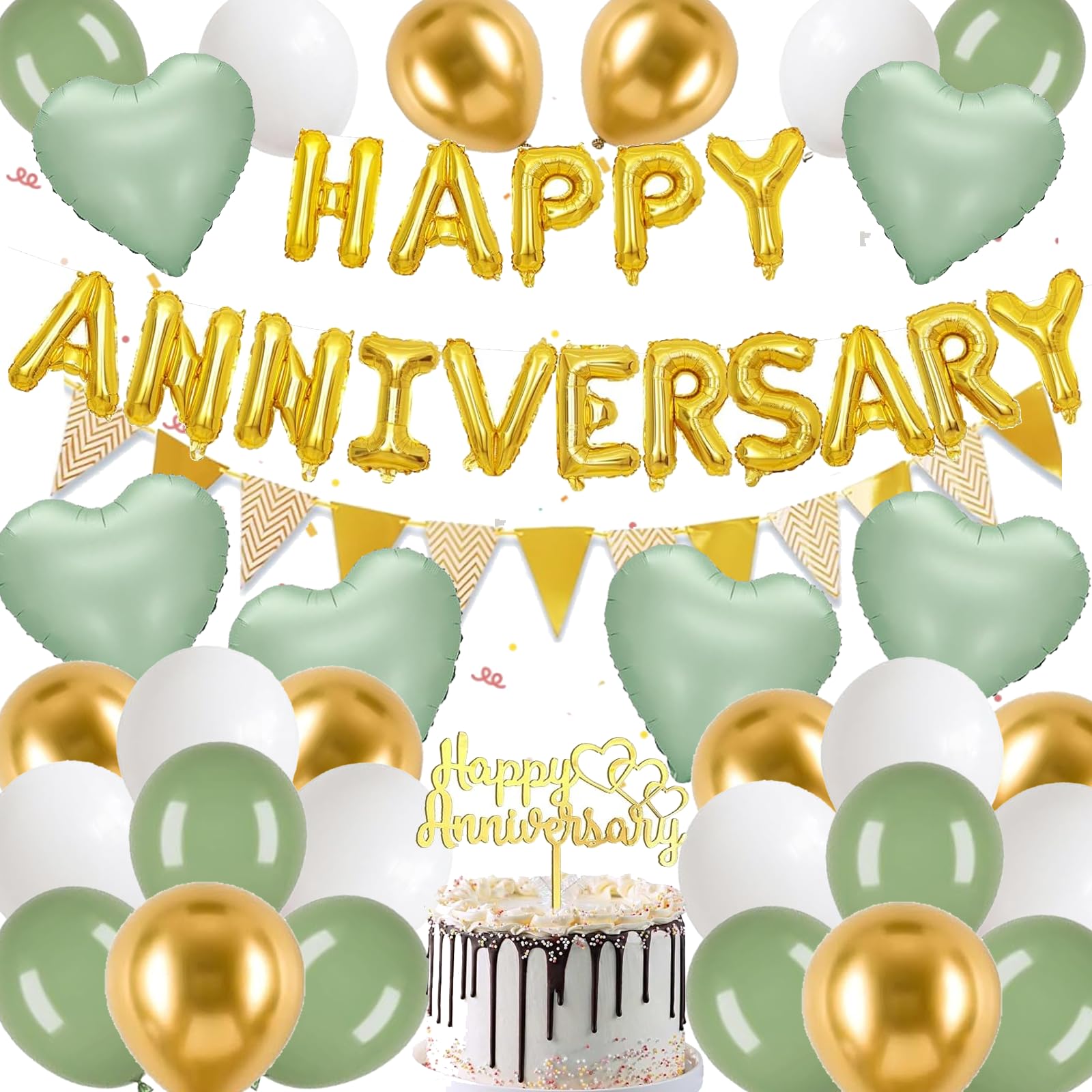 Happy Anniversary Decorations, 48Pcs Gold Green Romantic Wedding Decoration Set with Heart Foil Balloon, Confetti Latex Balloons for Valentines Day Proposal Confession Wedding Anniversary Party