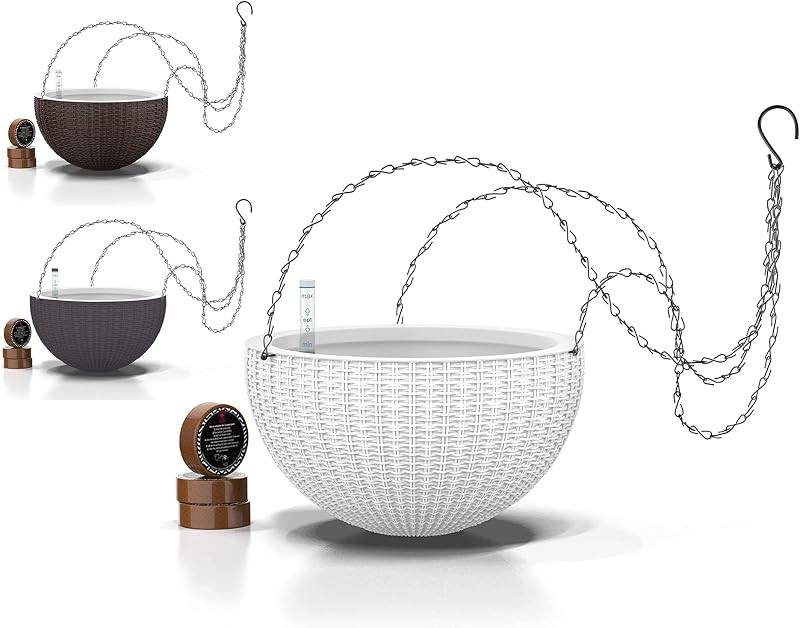 Macetas colgantes con riego automático de 11 pulgadas para plantas de interior, maceta con indicador de nivel de agua para plantas, macetas colgantes, maceta con riego automático, fibra de coco, redonda, 1 paquete, color blanco