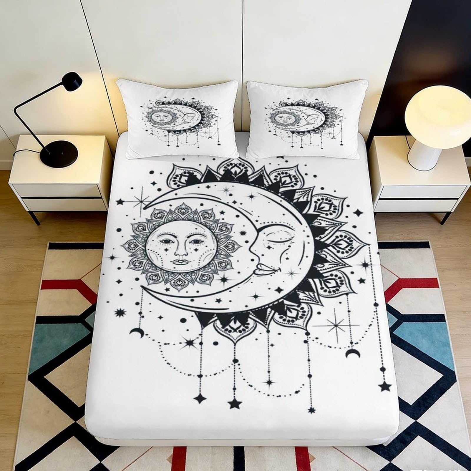 3D Printed Moon Mandala Fitted Sheet Microfiber Black White Sun Star Mattress Cover for Bedroom Guest Room Decor 160x200x25cm