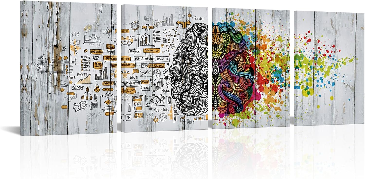 Visual Art Decor 4 Pieces Retro Left and Right Brain Advantage Canvas Poster Inspiration Motivation Education Science Canvas Prints Wall Art Gallery Modern Office Wall Decor Ready to Hang (12inchx16inchx4 Pieces)