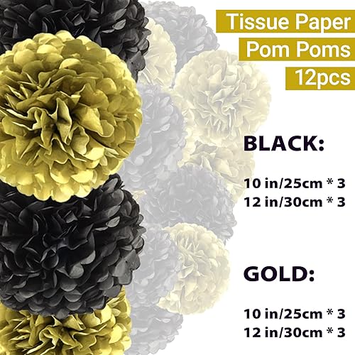 Miniatura 2 de Pompones de papel dorado y negro 10 pulgadas 12 pulgadas decoración de pompones de seda para colgar fiestas juego de 12 piezas