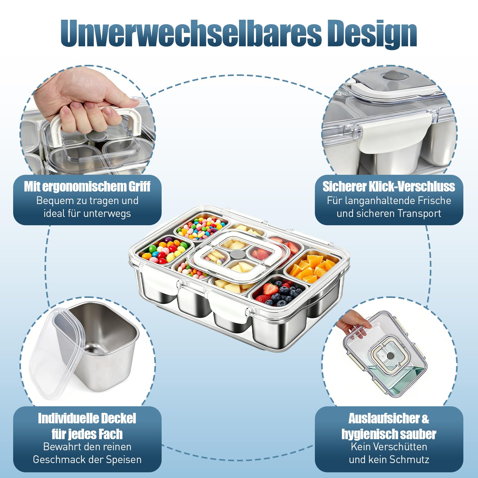 Snackbox mit 8 Edelstahl Fächern, Tragbare Snack Aufbewahrungsbox mit Deckel und Griff, auslaufsicherer Snack Organizer für Obst, Nüsse, Gemüse, Kekse – BPA-frei, ideal für Picknick & unterwegs