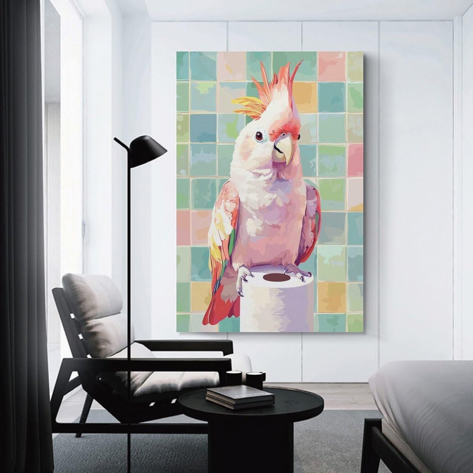 Junmoney Unframe-Style-9 Pink Cockatoo On Toilet Paper Roll Room Decor Wall Art, 24X36inch(60X90cm), For Living Room, Bedroom, Office Or Hallway, Decorative Artwork With Broad Appeal