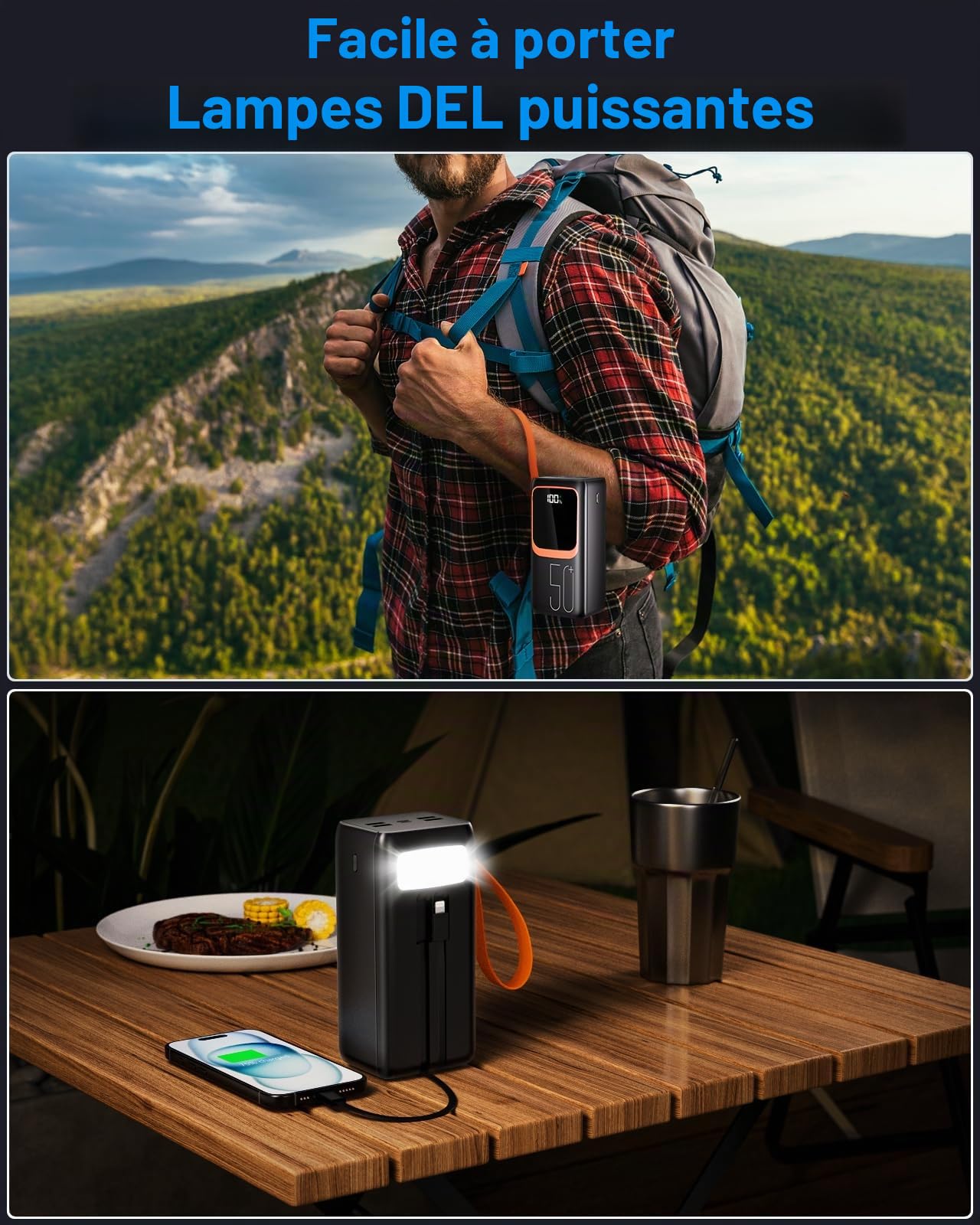 Batterie externe 50 000 mAh avec câble intégré : batterie externe de 22,5 W à charge rapide de grande capacité, chargeur portable avec lampe de poche LED et 7 sorties & 3 entrées 2 × 25000 mAh