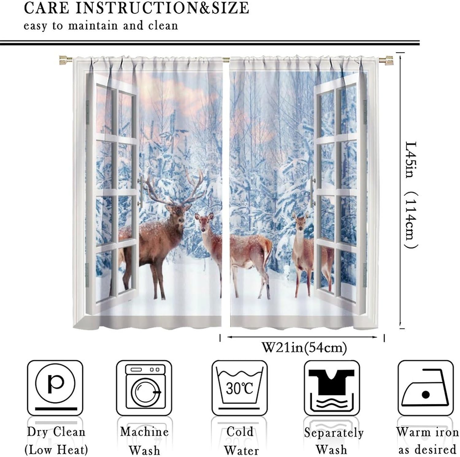 JESTRONRY Winter Deer Curtain, Xmas Reindeer Pine Cute Wild Animal Forest Snowy Scenery Theme Home Fabric Living Room Bedroom Kitchen Bathroom Decor 42x45in