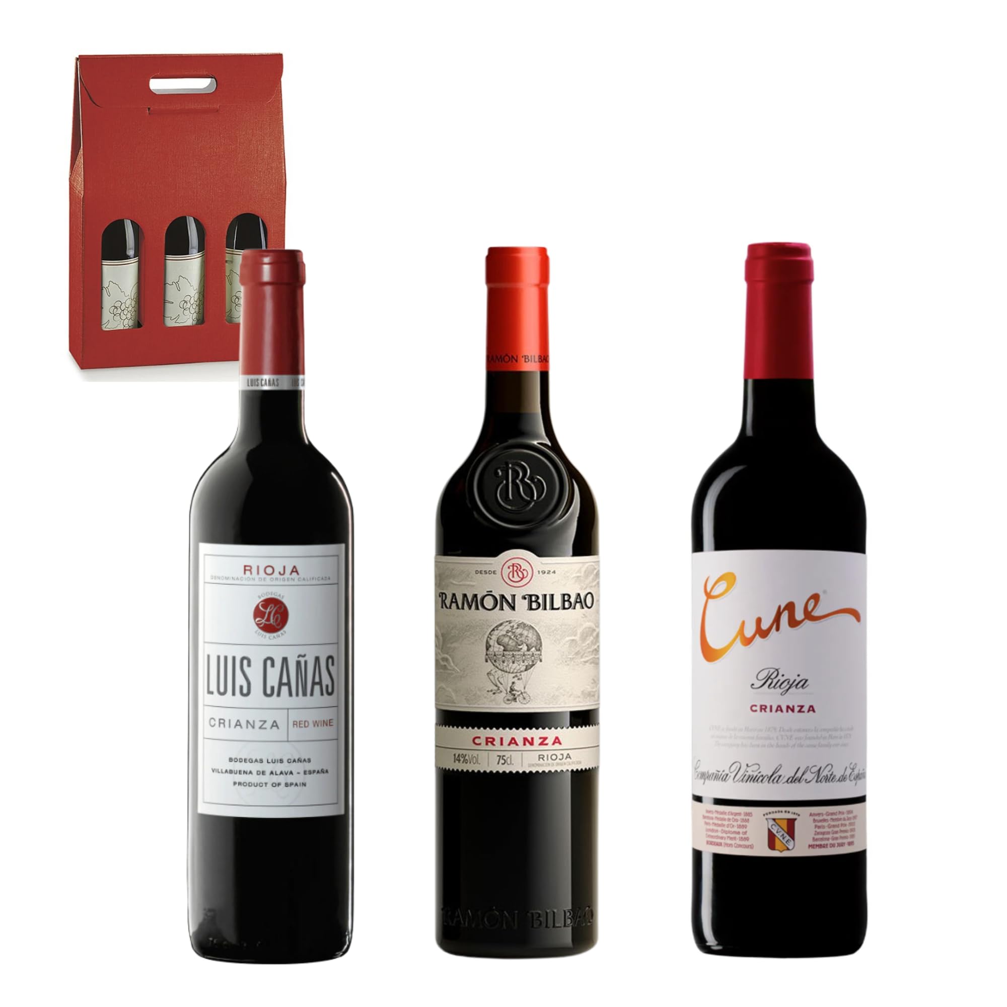 ENOVINOS Cesta Gourmet Regalo Navidad Empresas, Familia y Amigos - Caja Vinos Seleccionados: Luis Cañas, Ramon Bilbao y Cune