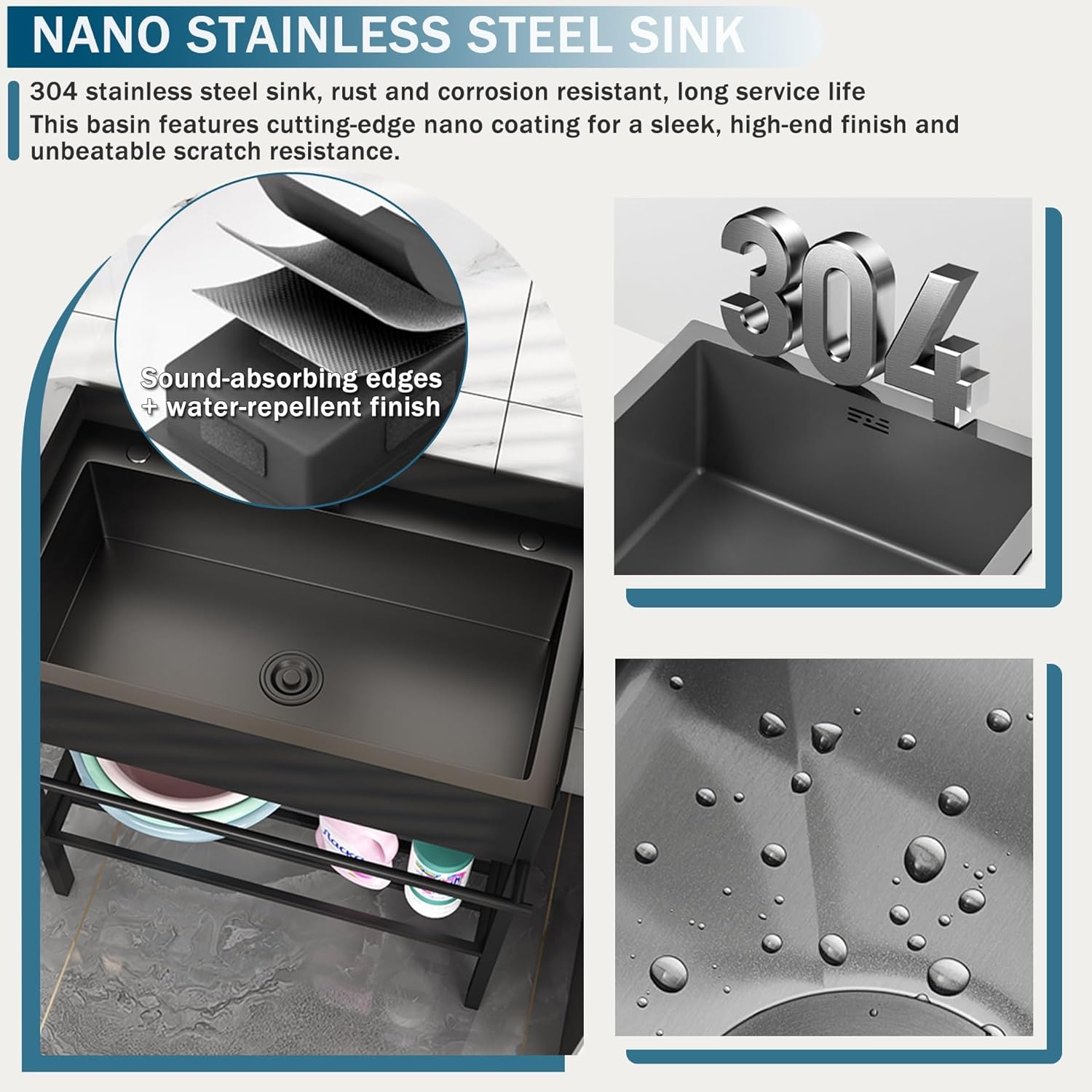 31.6" Stainless Steel Utility Sink with 3-Sided Splash Guard,Freestanding Outdoor Sink with Pull-Down Sprayer & Cabinet,Single Bowl Laundry Sink for Garage, Commercial Kitchen,Backyard,Black