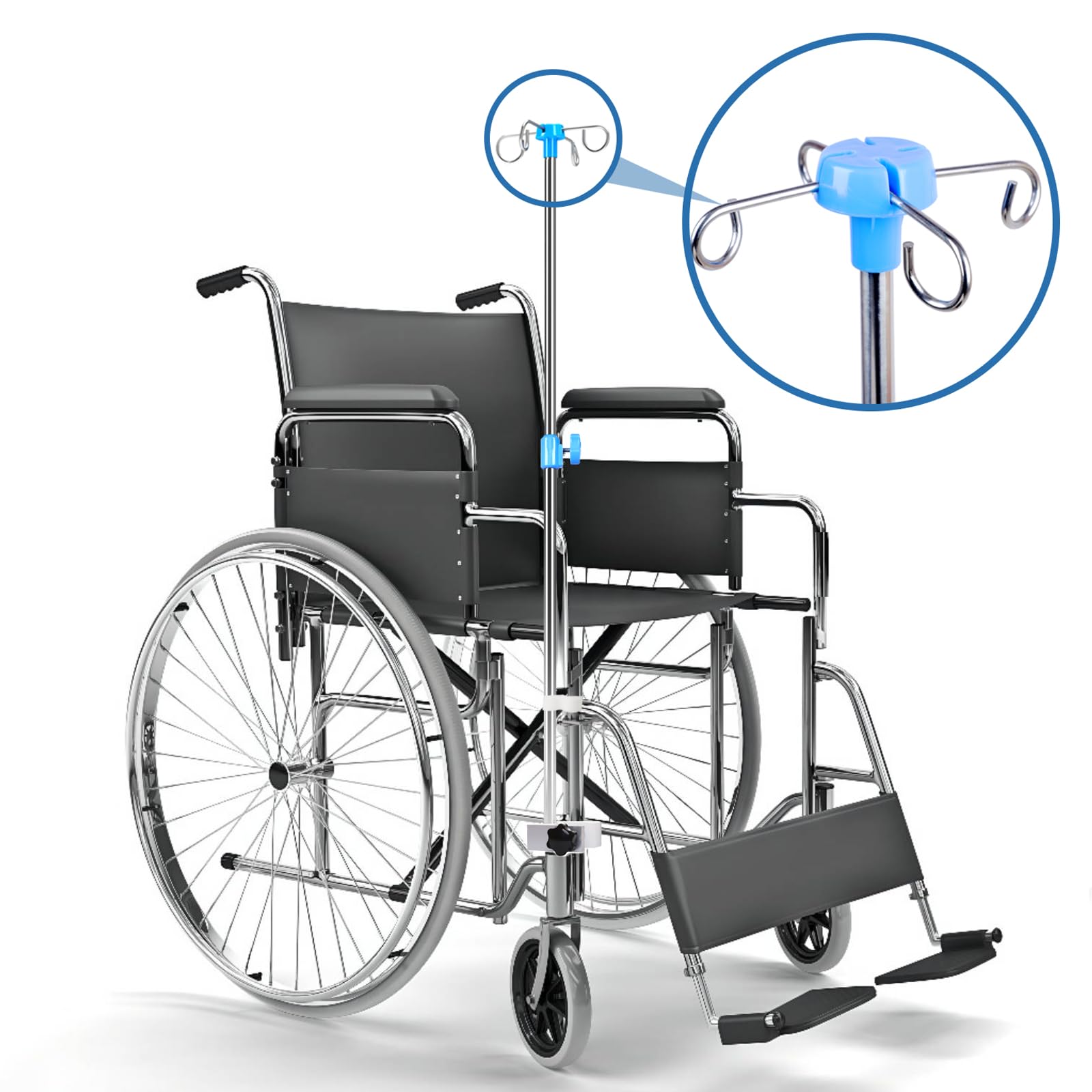 Supporto per Infusione per Sedia a Rotelle Aste per Flebo 4 Ganci Rinforzati e Base in Metallo Solido Staffa Accessori Sedia a Rotelle Inossidabile Rinforzato Altezza Regolabile da 75-133 cm
