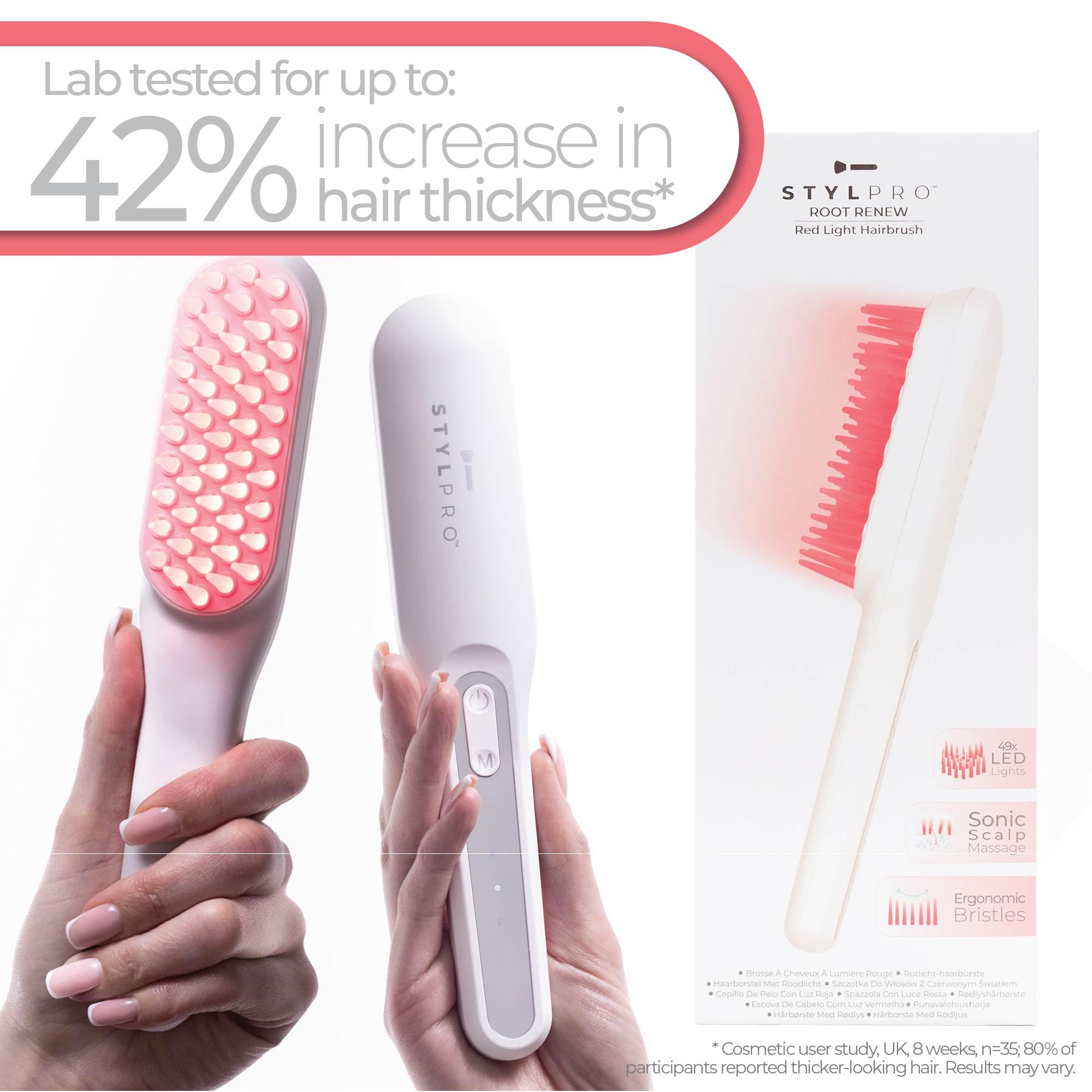STYLPRO LED Rotlicht Haarbürste mit 49x 655nm LEDs, stimuliert Haarfollikel & Haarwachstum, fördert Haarreparatur, flexible Borsten, wiederaufladbar, Kopfhautmassage mit Ultraschall