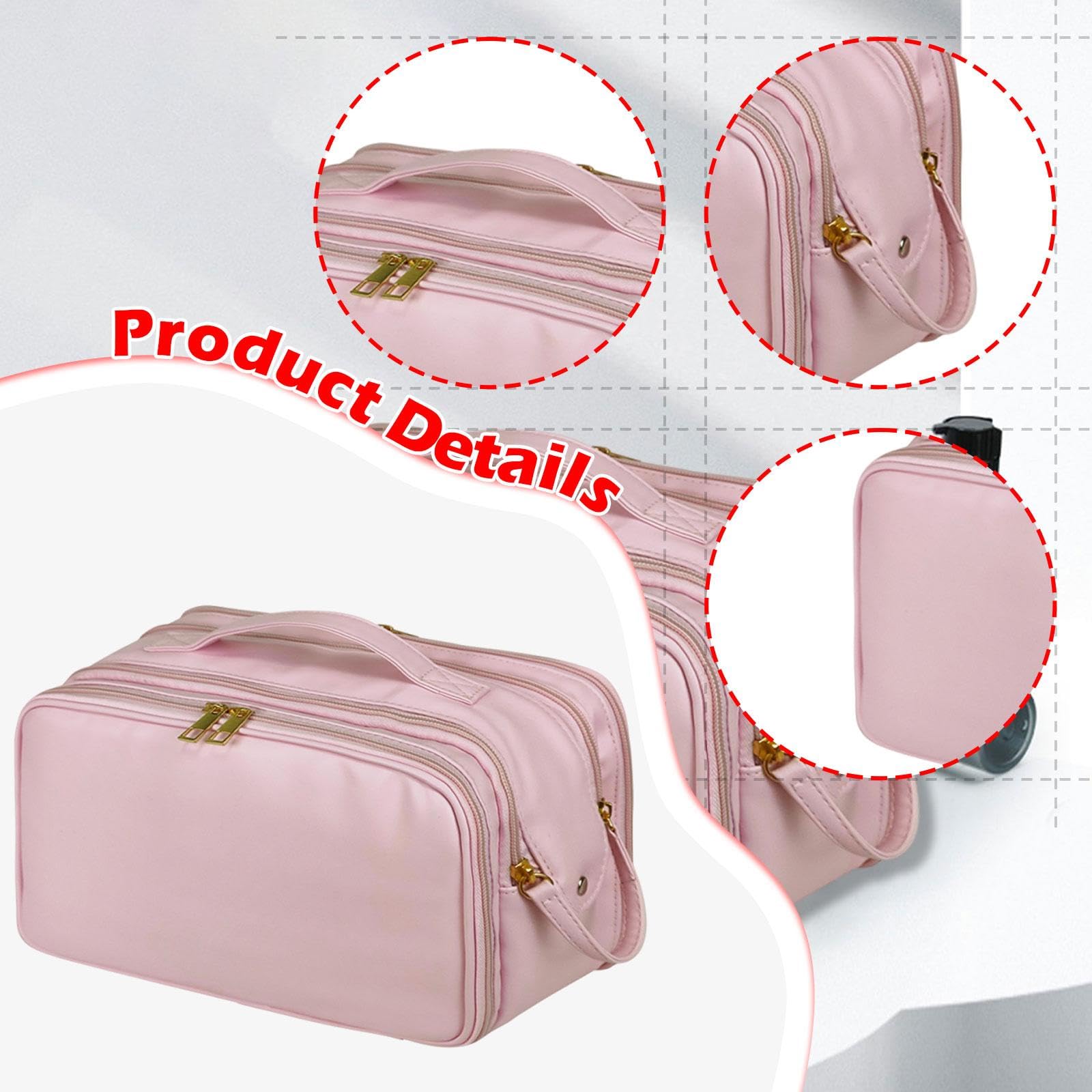 perfk Borsa da viaggio per cosmetici, per trucco, portatile, spaziosa, con portapennelli, robusta custodia per il trasporto, Rosa