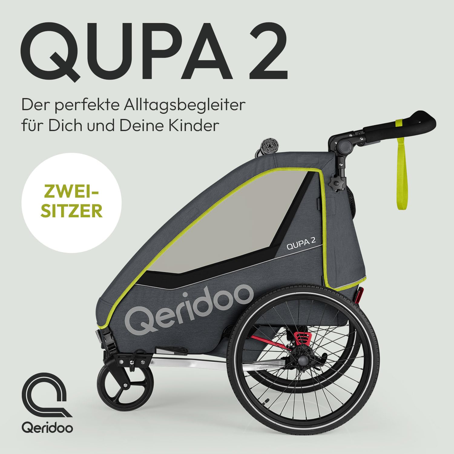 Qeridoo QUPA 2 | Fahrradanhänger 2 Kinder | Kinder Fahrradanhänger mit Blattfederung & Handparkbremse | Jogger Kinderwagen | Kinderfahrradanhänger klappbar | Fahrrad Anhänger