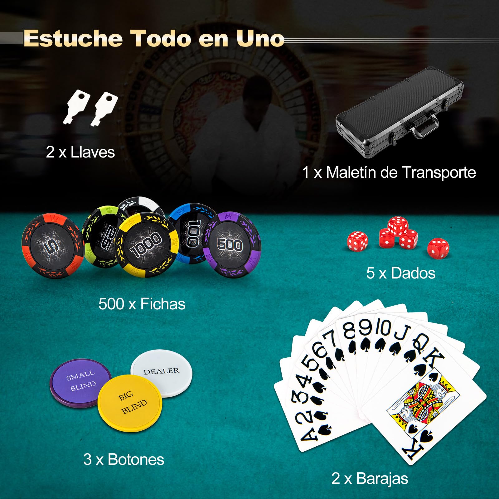 COSTWAY Juego de Poker de 500 Fichas, Maletín Aluminio de Póker de 14 g con Estuche de Aluminio, Barajas de Cartas, Botones de Crupier y Dados, Fichas de Arcilla para Casino, Reuniones (500 Piezas)