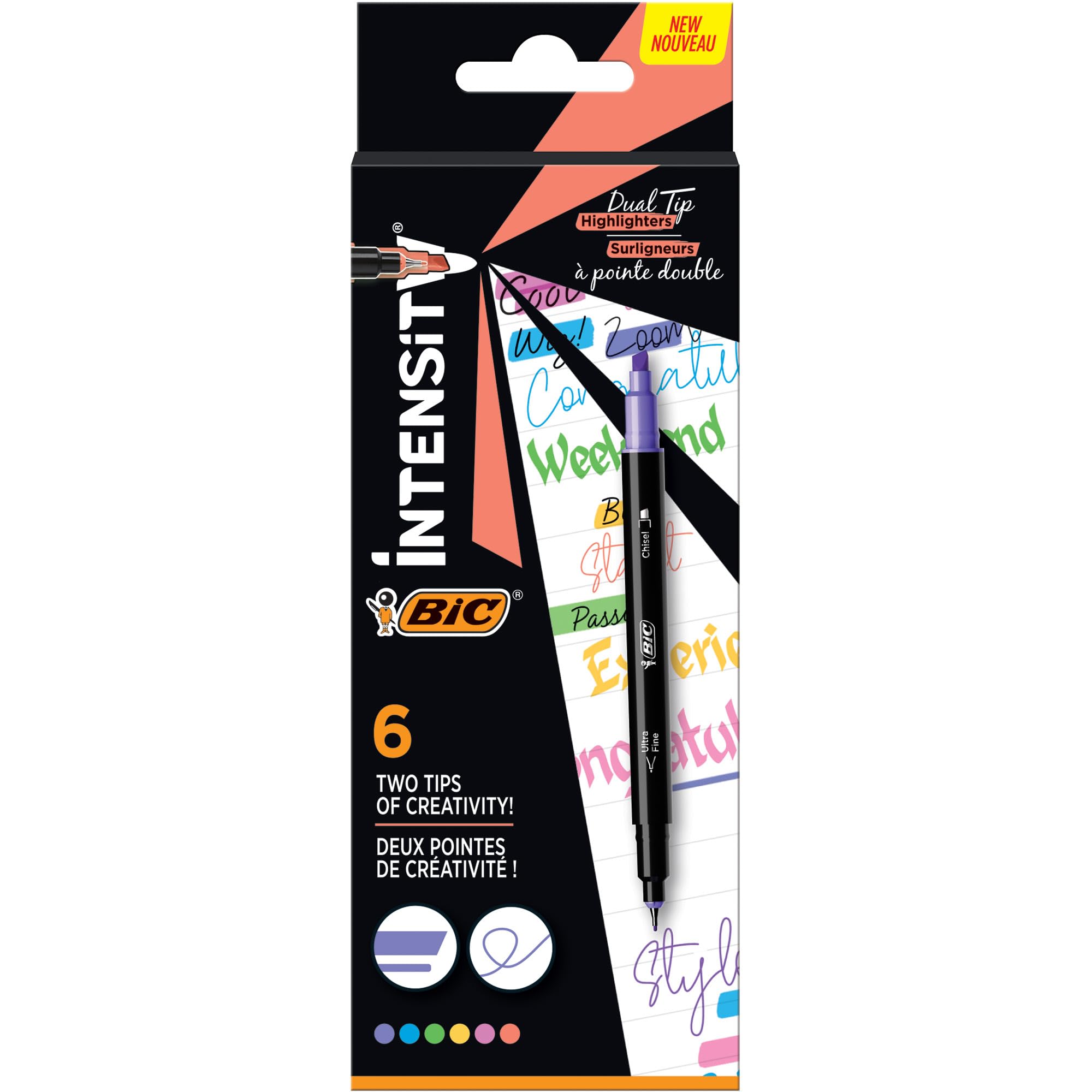 BIC® Intensity Dual-Tip zakreślacze, końcówka dłuta, ultracienka końcówka, czarne beczki/różne kolory, opakowanie 6 zakreślaczy