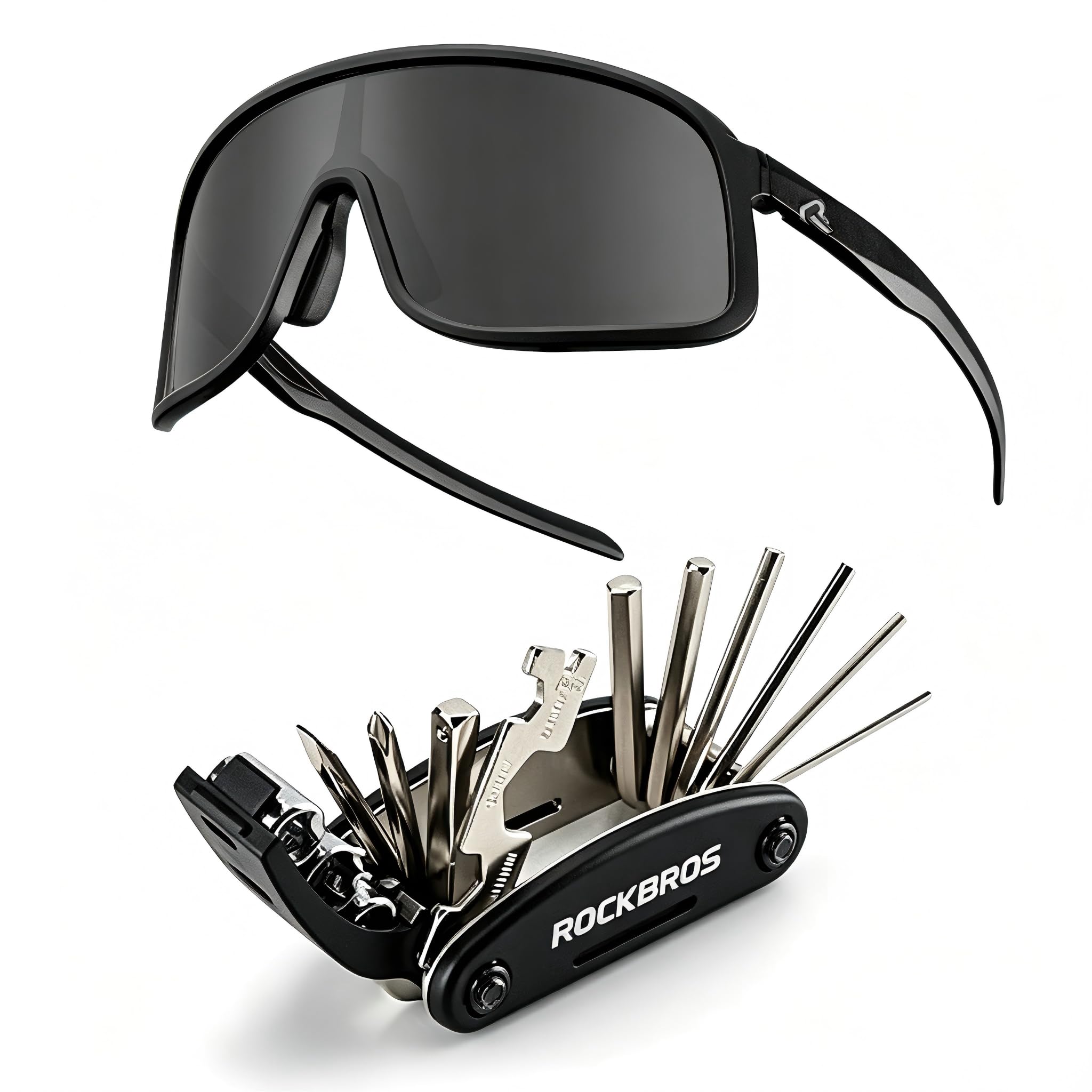 ROCKBROS Occhiali Polarizzati UV400 TR90 Ultraleggeri + Kit Attrezzi 16 in 1 Pieghevole – Set Protezione e Riparazione per Bici, Corsa e Sport Outdoor, Uomo Donna