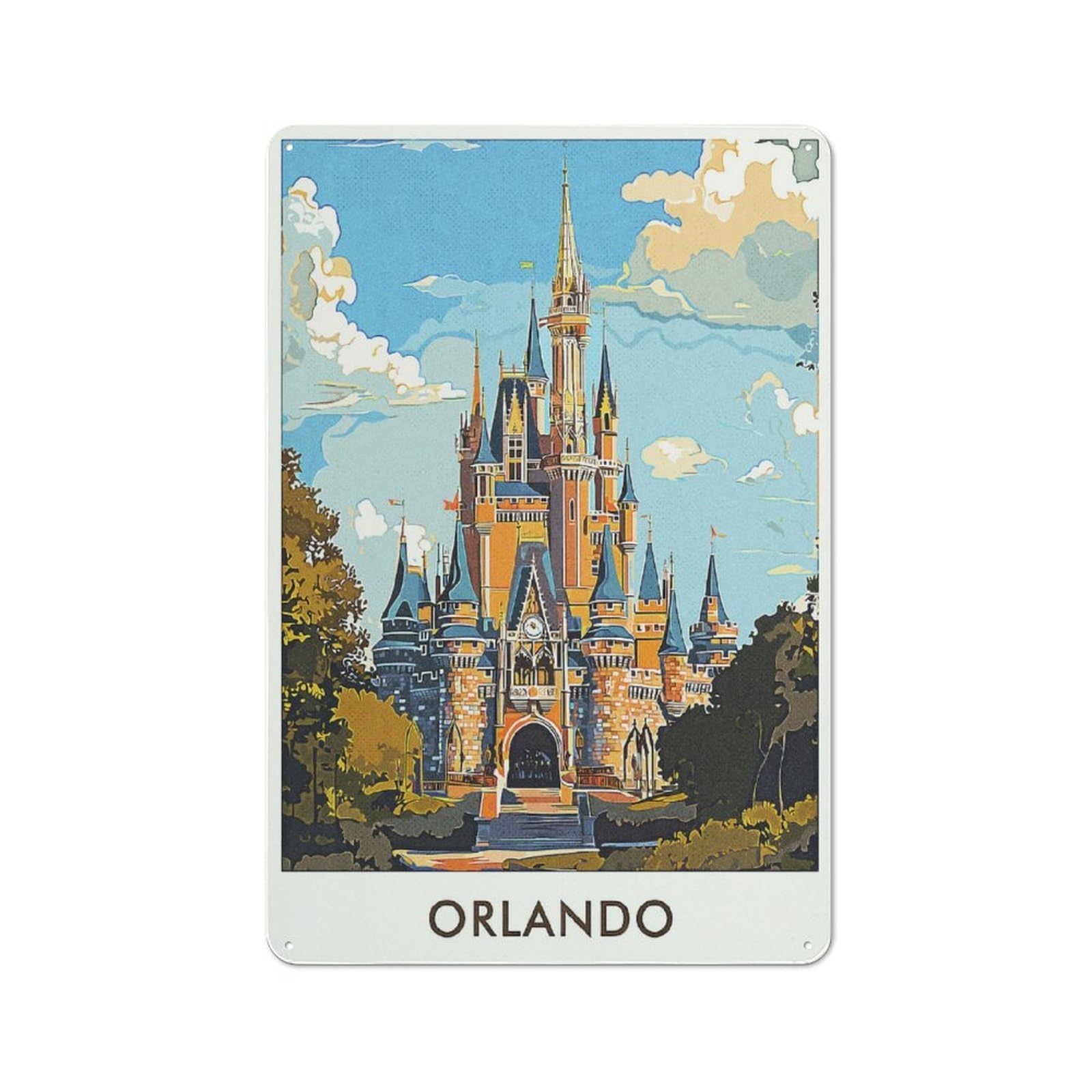 Junmoney Style-5 Orlando Castle Illustration Tin Wall Sign 30X20cm, Retro Novelty Wall Art For Bedroom, Kitchen, Office Or Living Room