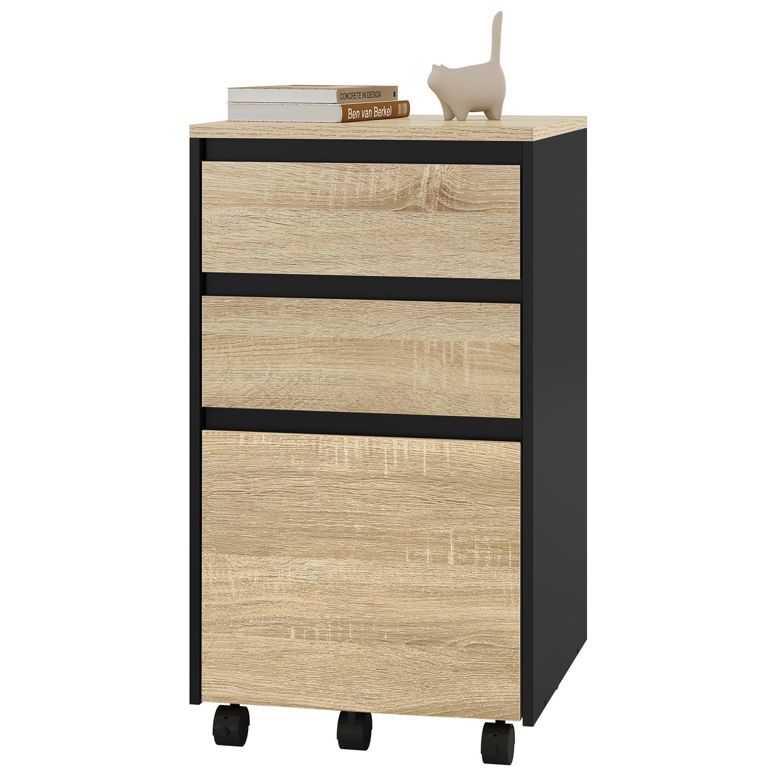 WOLTU mobiler Aktenschrank, Schrank für Aktenordner, Aufbewahrungsschrank im Büro, Büroschrank mit Rollen, Rollcontainer mit 3 Schubladen, helle Eiche schwarz, 40x71.5x40cm, ASK01hei