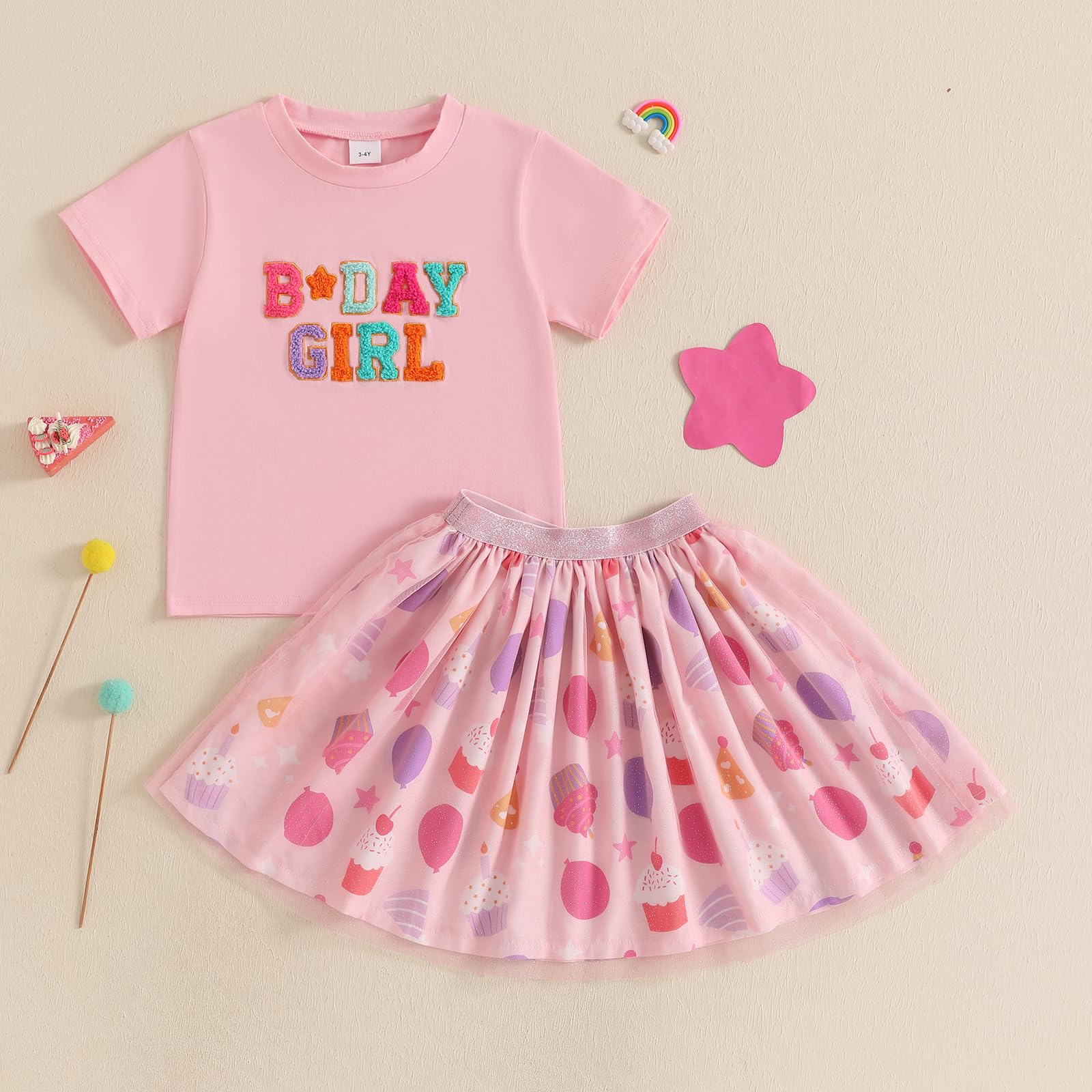 Hekkomird Toddler Girl Birthday Outfits Cute Letter Embroidery Short Sleeve T-Shirt Top Cake Balloon Print Party Tutu Skirt (Pink, 2-3T)
