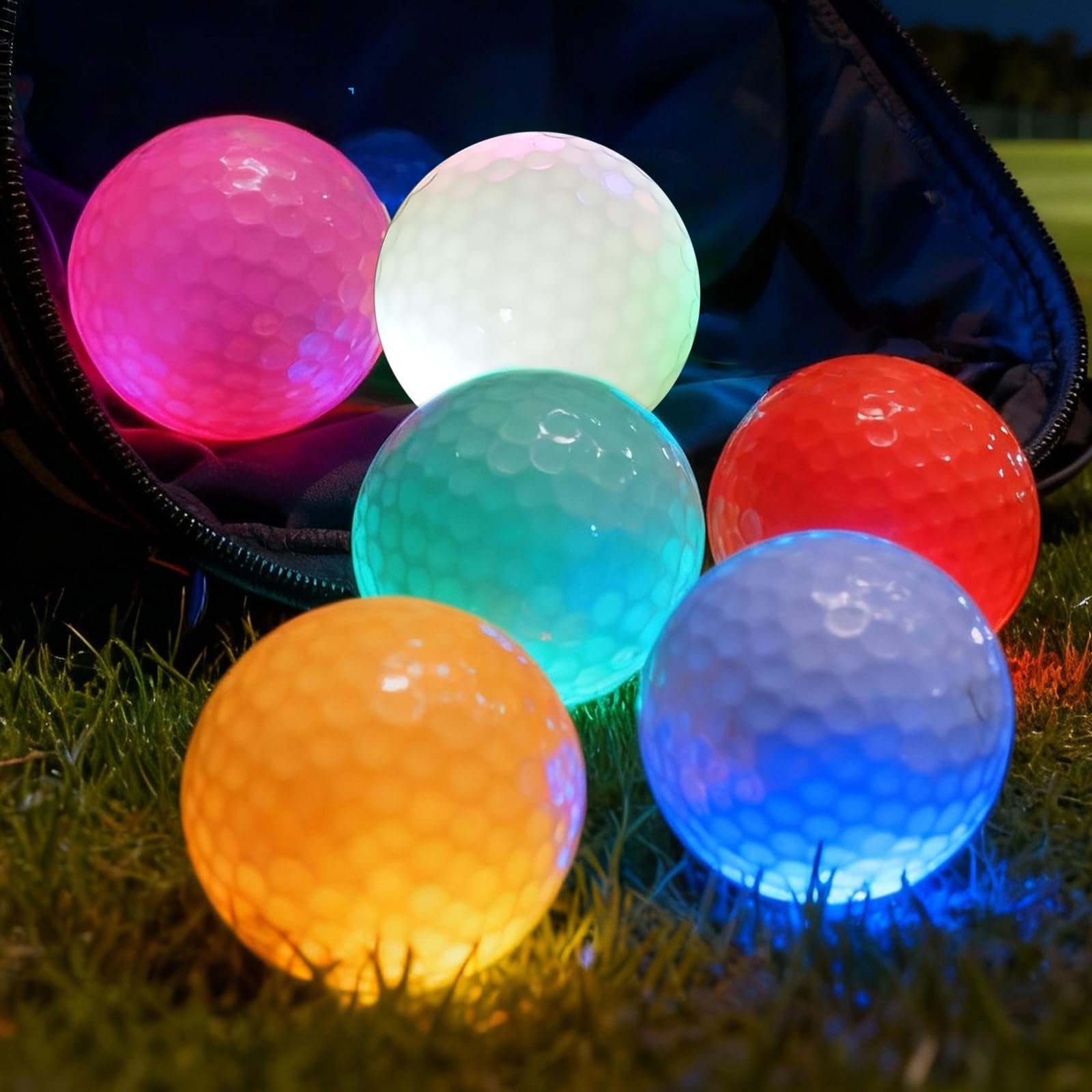 PORFOYO 6 pelotas de golf luminosas nocturnas reutilizables entrenamiento larga distancia rojo amarillo verde azul blanco rosa