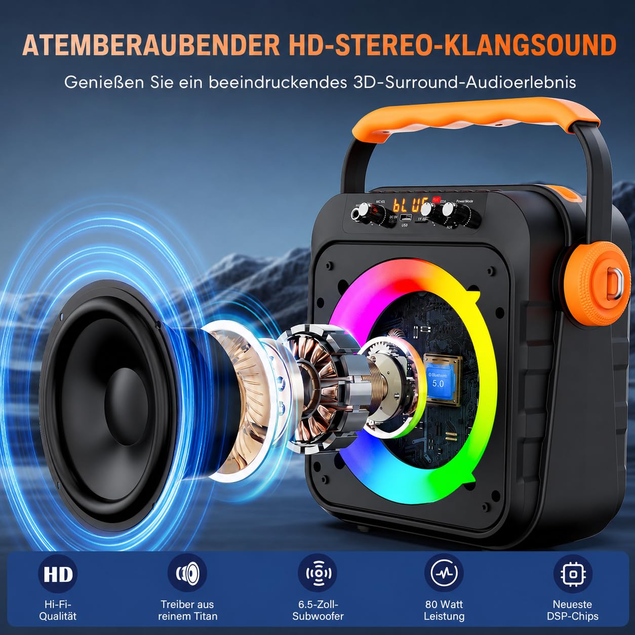 JYX Karaoke Anlage mit 2 Mikrofonen, 2,4G Mikrofone mit 10 ms Latenz und Rauschunterdrückung, 80W Bluetooth Lautsprecher, 6,5 Zoll Subwoofer, Bluetooth 5.3, TV/AUX/USB/TF, für Outdoor-Partys