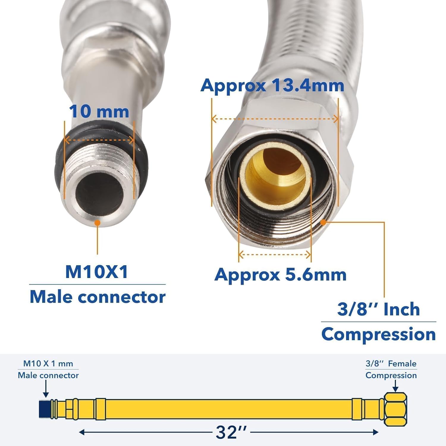 32-Inch Long Shank Stainless Steel Braided Faucet Connector，3/8-Inch Female Compression Thread x M10 Male Connector,cUPC Faucet Supply Line for Bathroom & Kitchen Sinks 2pcs
