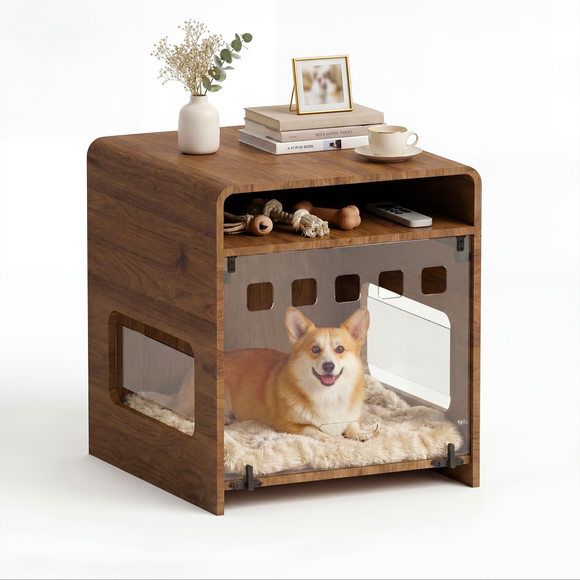 Hundebox für kleine Hunde, Hundekäfig Möbel mit Klapptür, Endtisch Hundekäfig mit Ablagefach, Indoor Haustierhaus für kleine mittelgroße Hunde, Holz Welpenhütte für Zuhause, Dunkles Holz