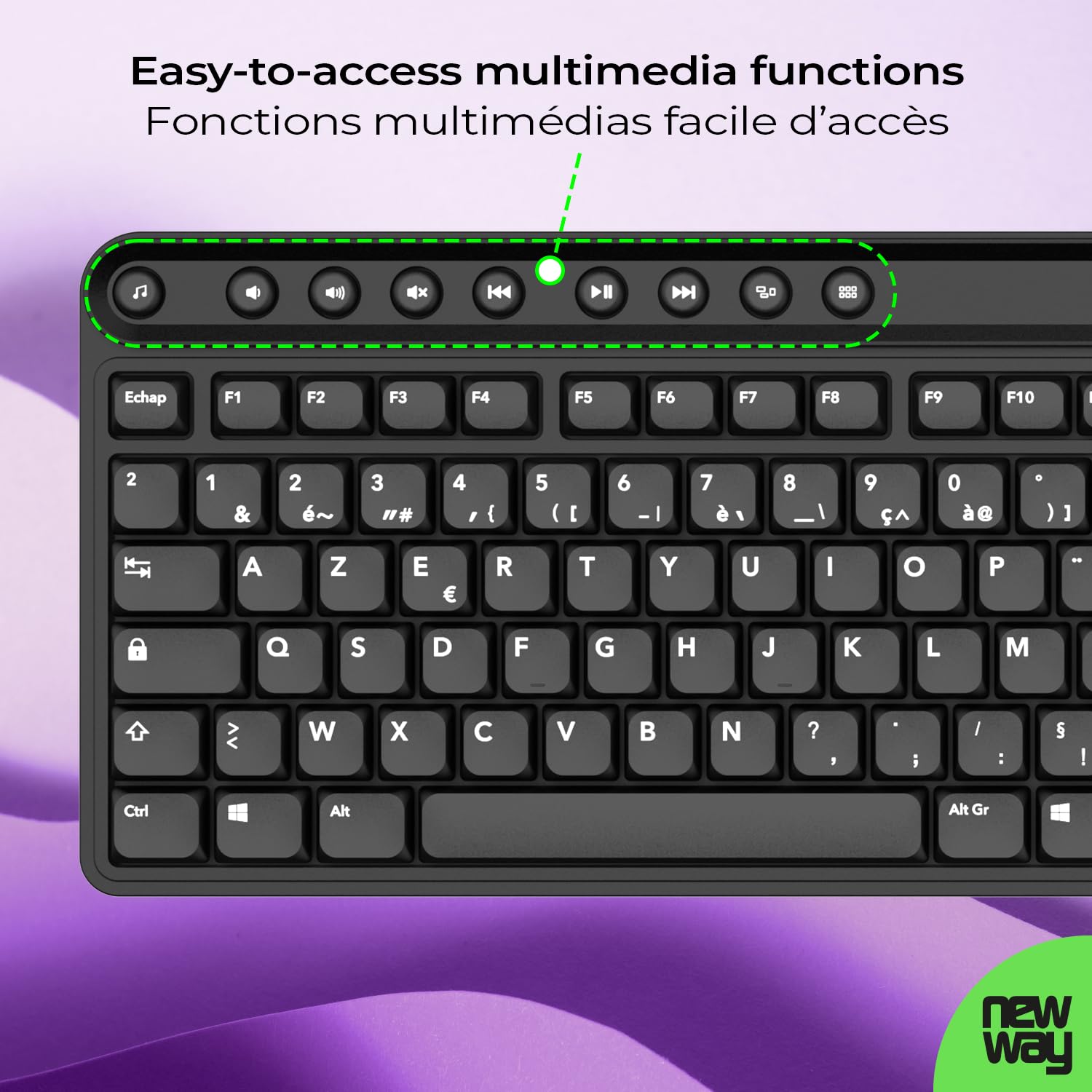 NEWWAY NKMP252 Clavier Souris sans Fil 2.4 GHz AI Copilot – AZERTY Français – Frappe Silencieuse, 14 Touches Multimédias, Souris Légère 6 Boutons, Tapis de Souris Inclus, Longue Autonomie (Noir)