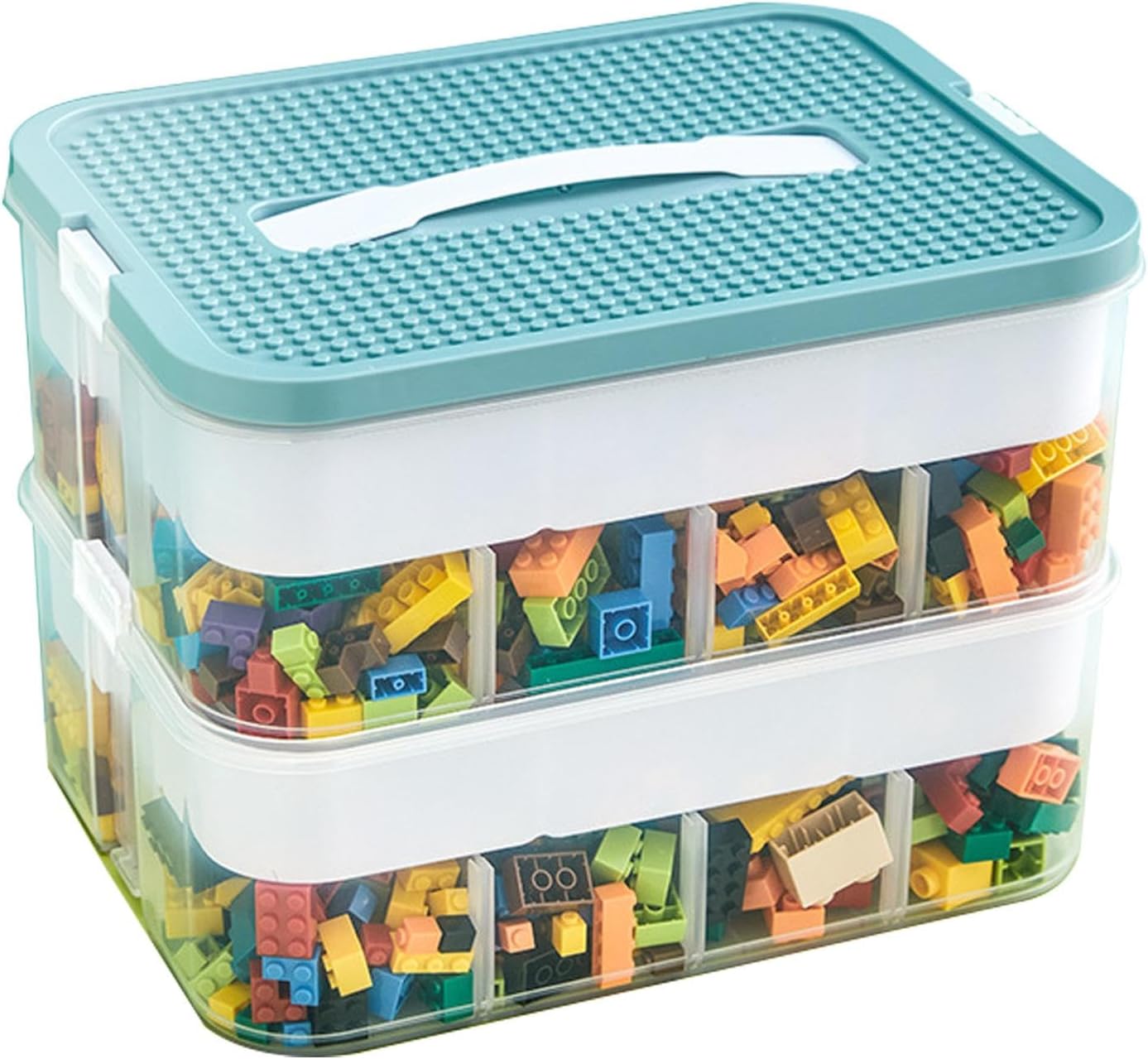 Stackable Toy Storage Organizer Bin - 2 Layers Toy Box, Building Blocks Storage Containers | Toy Box with Building Baseplate Lid, 2 Layers Toy Organizer Bins with Compartments, for Building Bricks